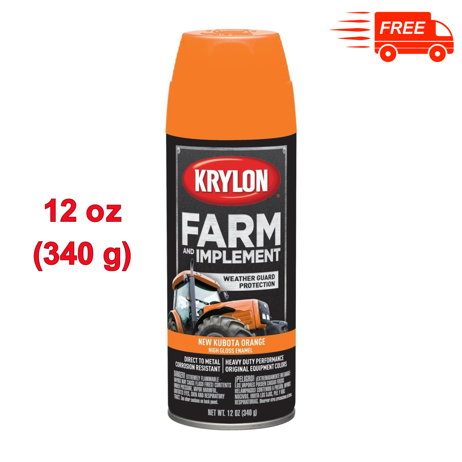 Krylon K01954008 Farm & Implement Spray Paint, High Gloss New Kubota Orange 12oz