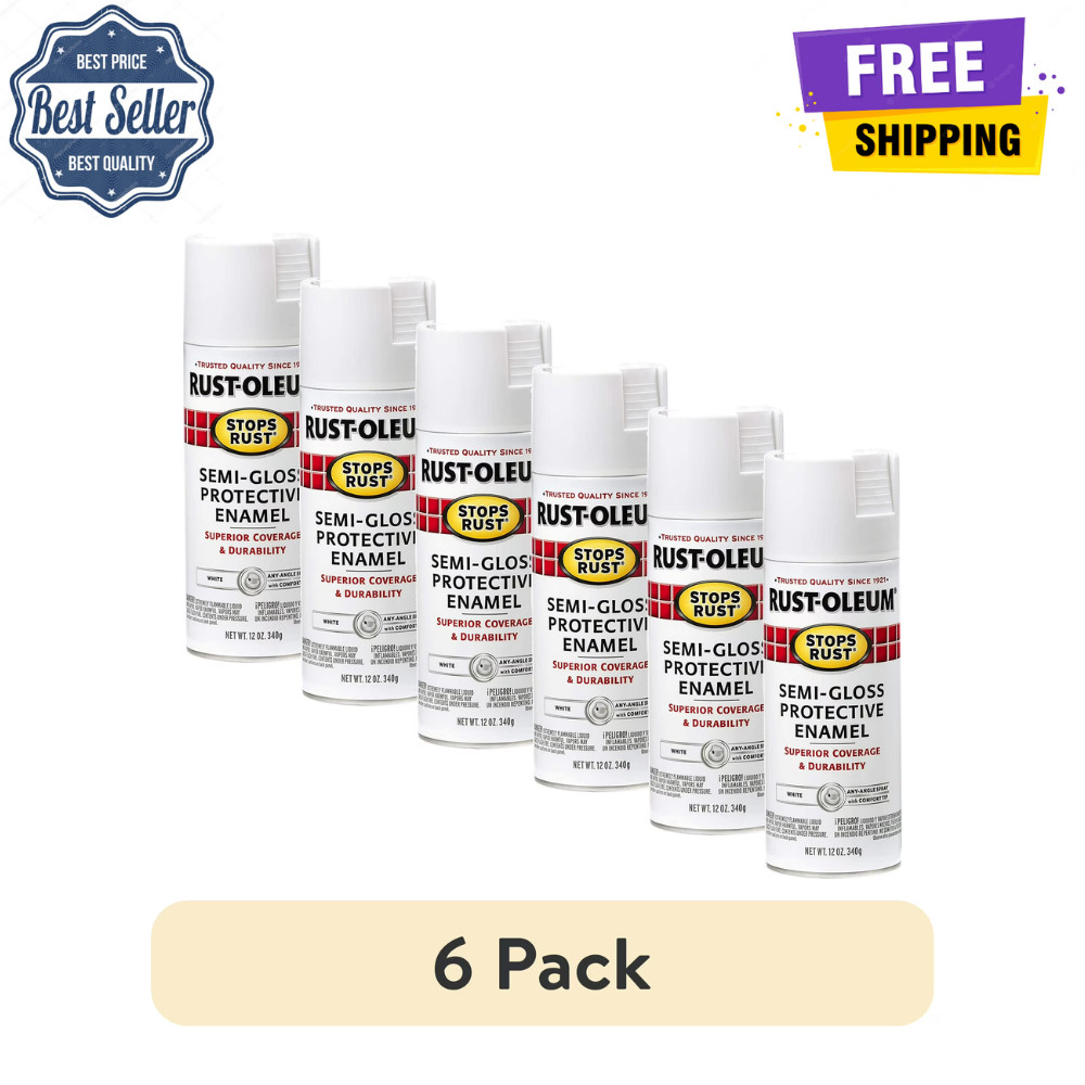 6Pack Rust-Oleum Stops Rust, White Semi-Gloss Protective Enamel Spray Paint 12oz