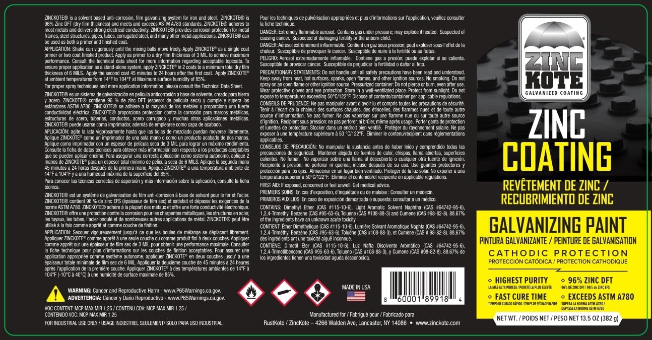 ZincKote Zinc Cold Galv Aerosol Spray – 13.5oz Can – Paint/Coating – 96% Zinc…