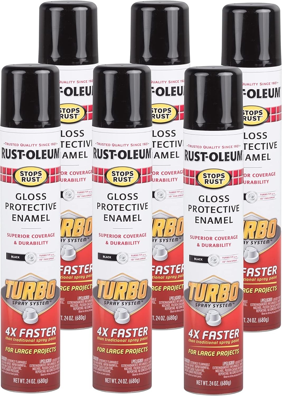 Rust-Oleum Stops Rust Turbo Spray Paint Gloss Black 24 oz 6 Pack Fast Dry
