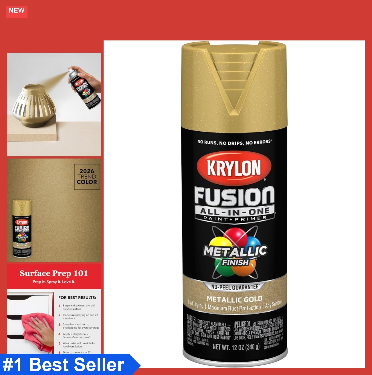 All-In-One Adhesive Spray Paint 12 oz Gold Indoor Outdoor for Plastic Wood Metal
