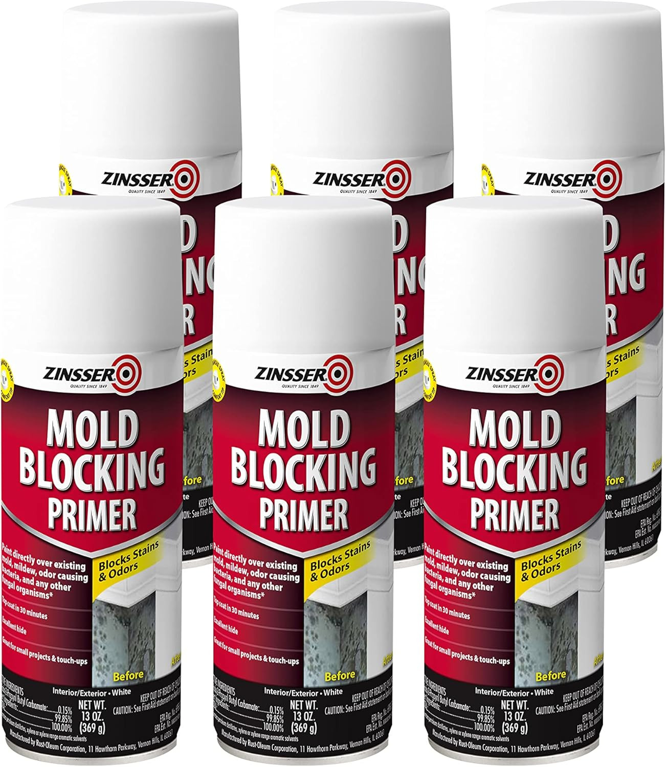 Mold Blocking Spray Primer – 6 Pack, White, 13 Fl Oz Each