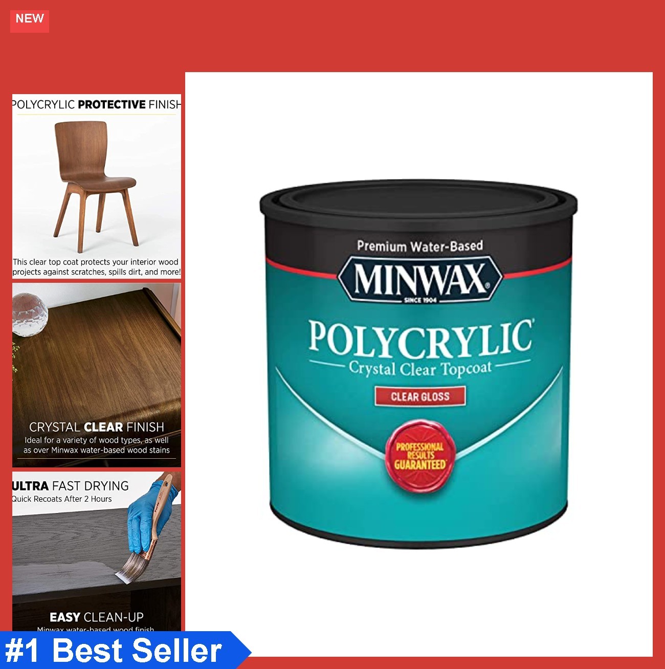 Clear Gloss Water-Based Protective Finish 0.5 Pint Polycrylic for Wood