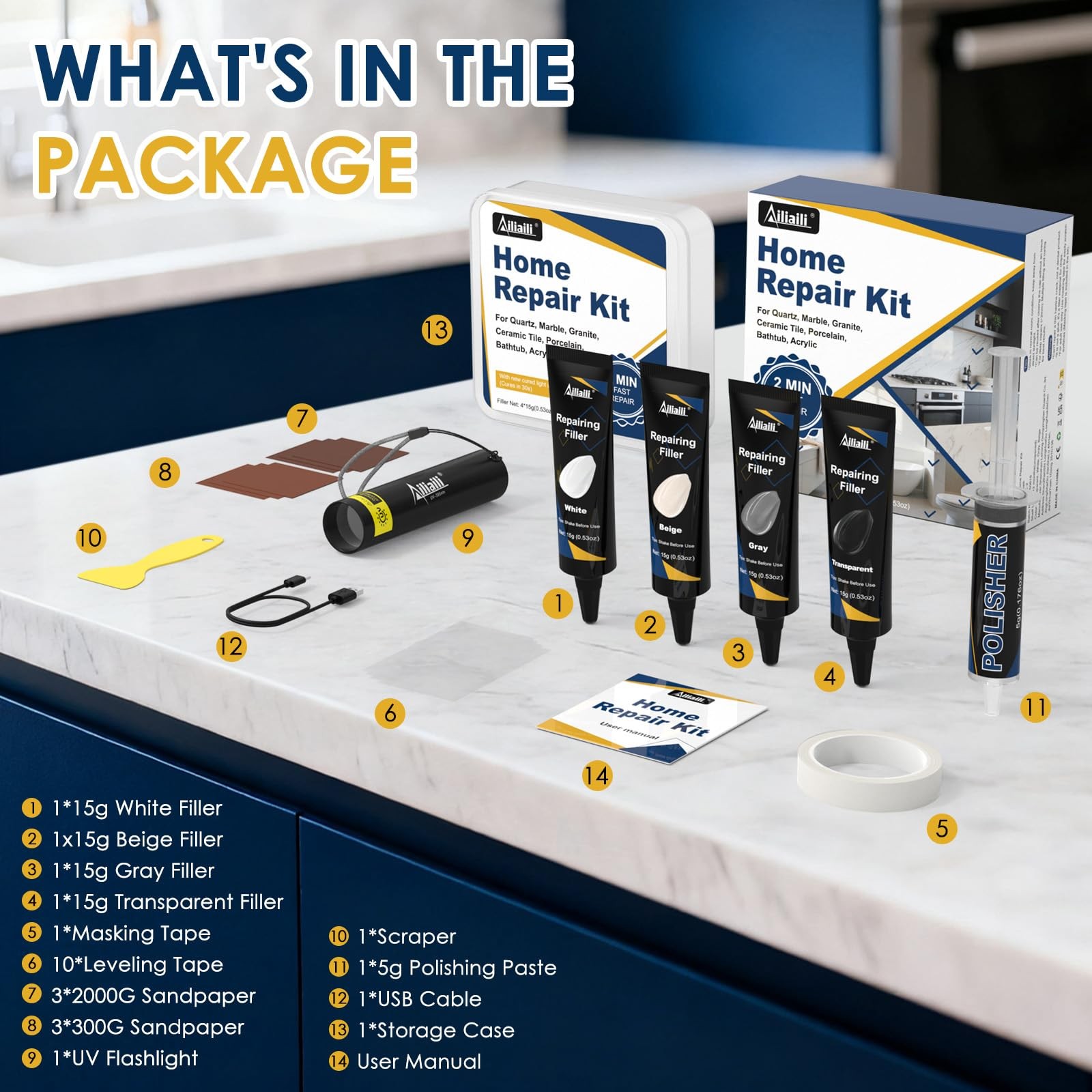 Quartz Countertop Repair Kit for Chips, Cracks, Scratches on Marble Granite