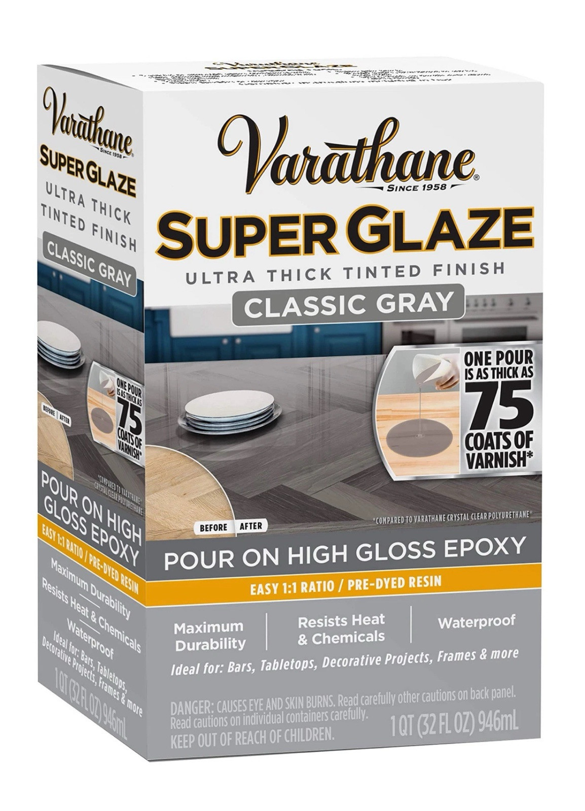 🔥Varathane Super Glaze Pour-On High Gloss Epoxy Quart Classic Gray NEW