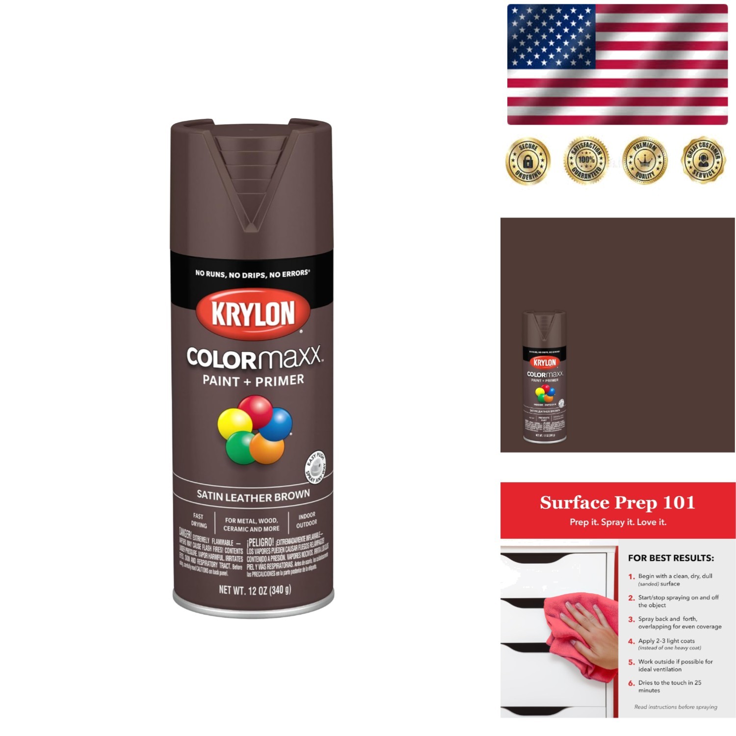 Fast-Drying 12oz Satin Leather Brown Spray Paint & Primer for Indoor/Outdoor Use