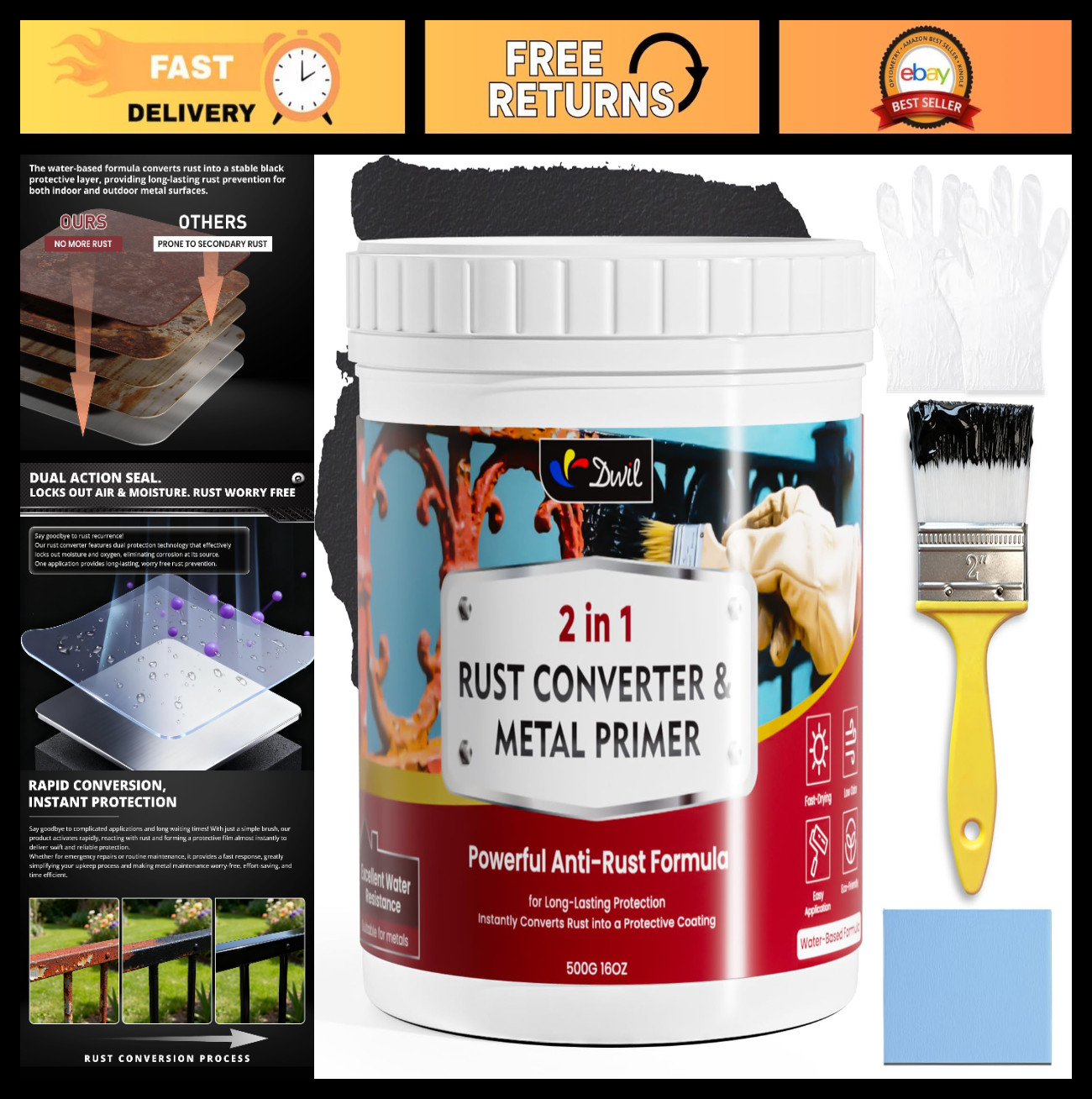 Rust Converter & Metal Paint – 2-in-1 Anti-Rust Coating, No Primer, Black, 16 oz