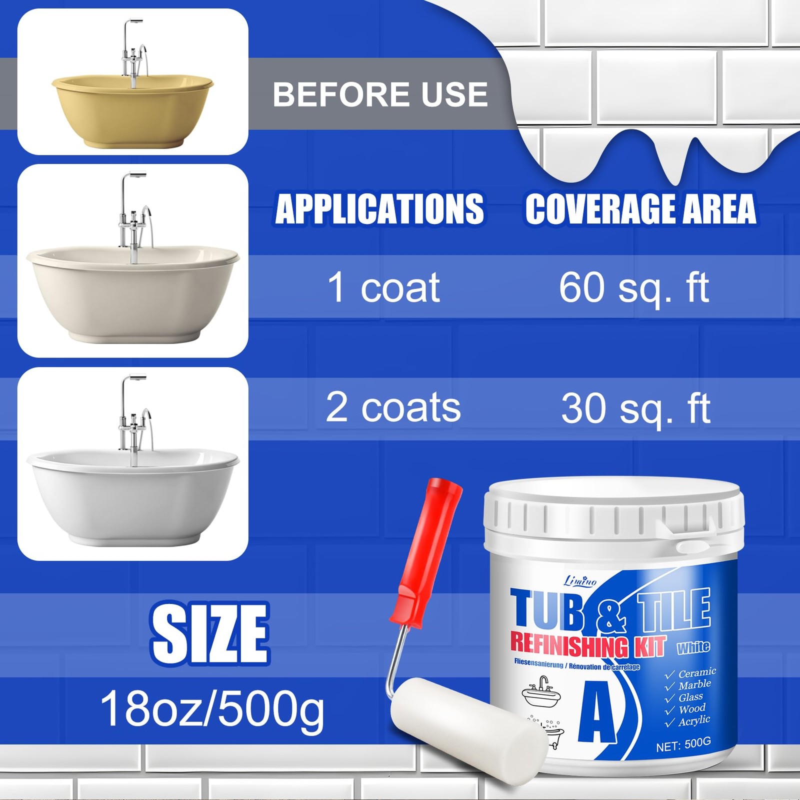 Tub and Tile Refinishing Kit – 17oz Semi-Gloss White Tile Paint with Tools for