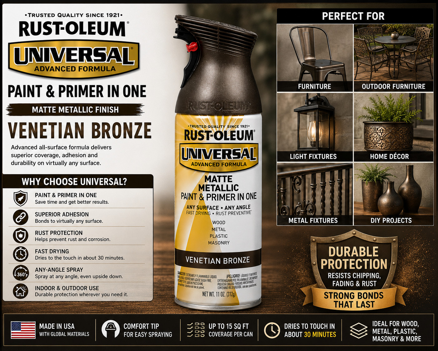 Rust-Oleum Universal Spray Paint Venetian Bronze Matte Metallic Paint Primer