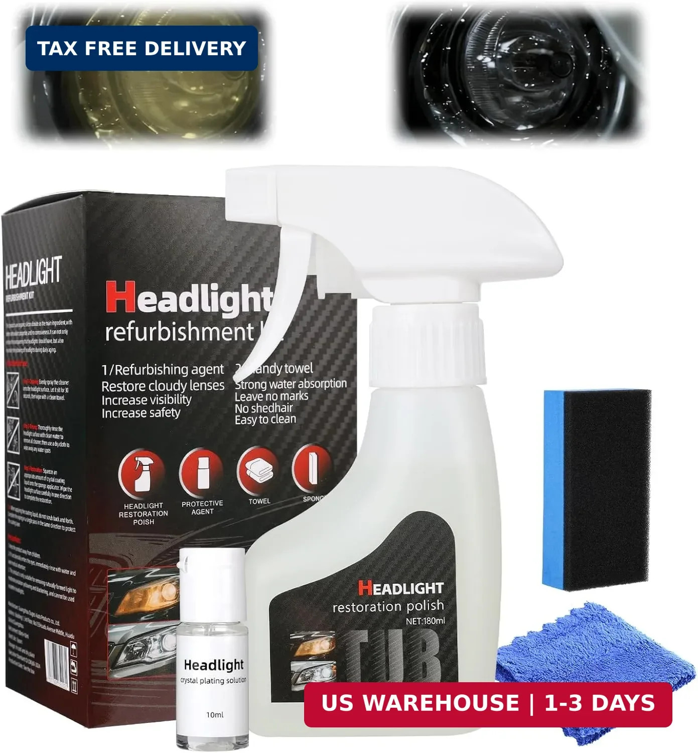 Automotive Headlamp Restoration Fluid Kit No Sanding Disassembly Spray 180ml 1Se