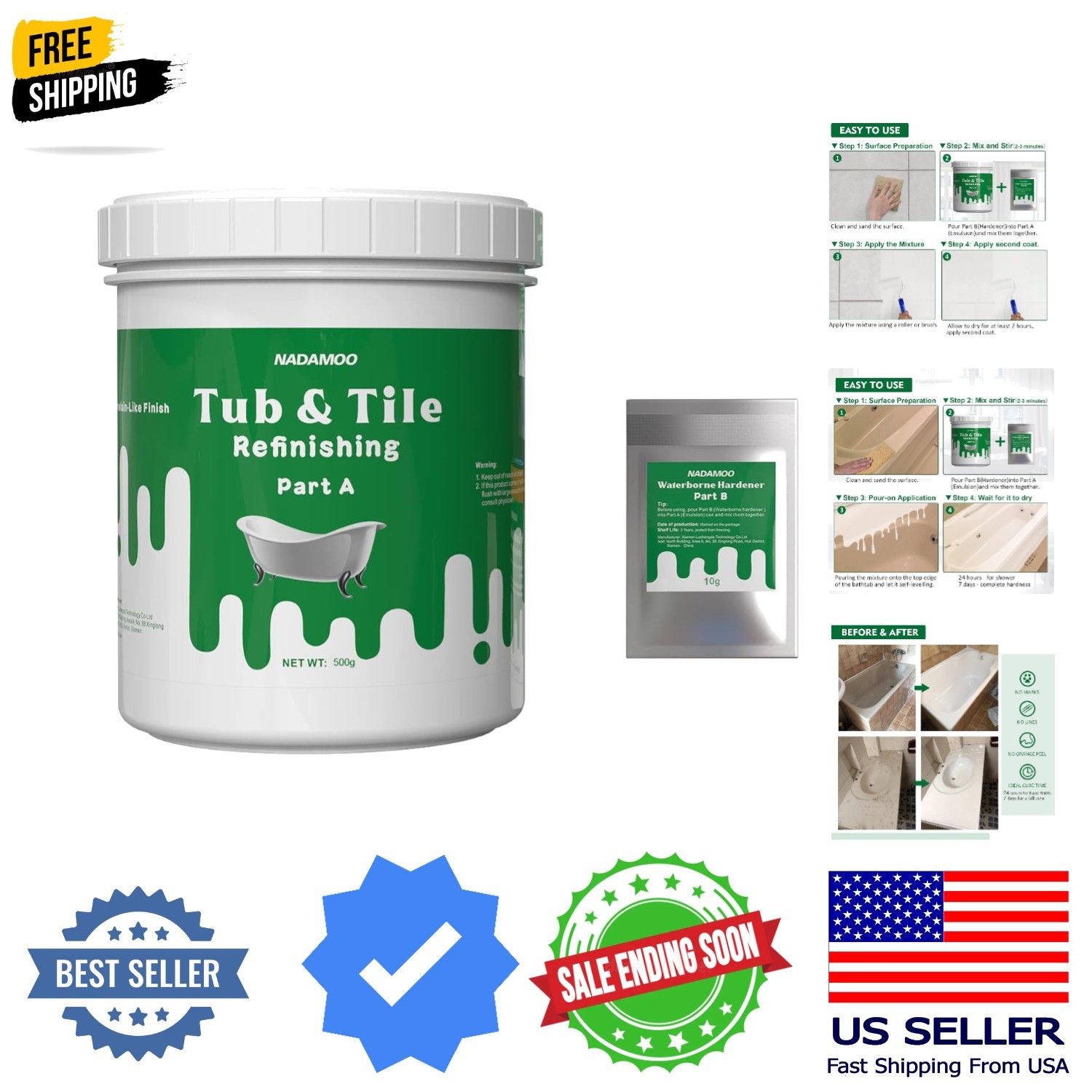 Tub and Tile Refinishing Kit White, Without Tools, 500g/17 oz Emulsion and 10…