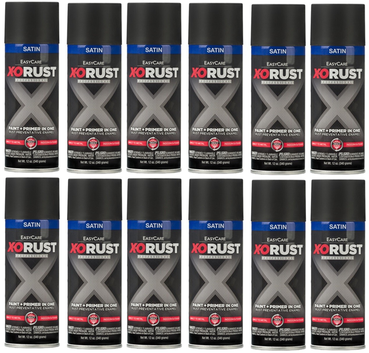 X-O Rust XOP18-AER Satin Black Anti-Rust Enamel Spray Paint + Primer – 12 Pack