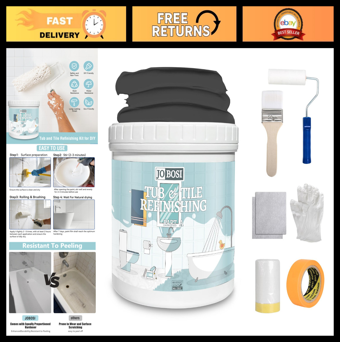 Gray Water-Based Tile Paint Kit 32oz – Quick-Dry for Walls, Floors, Sinks & Bath