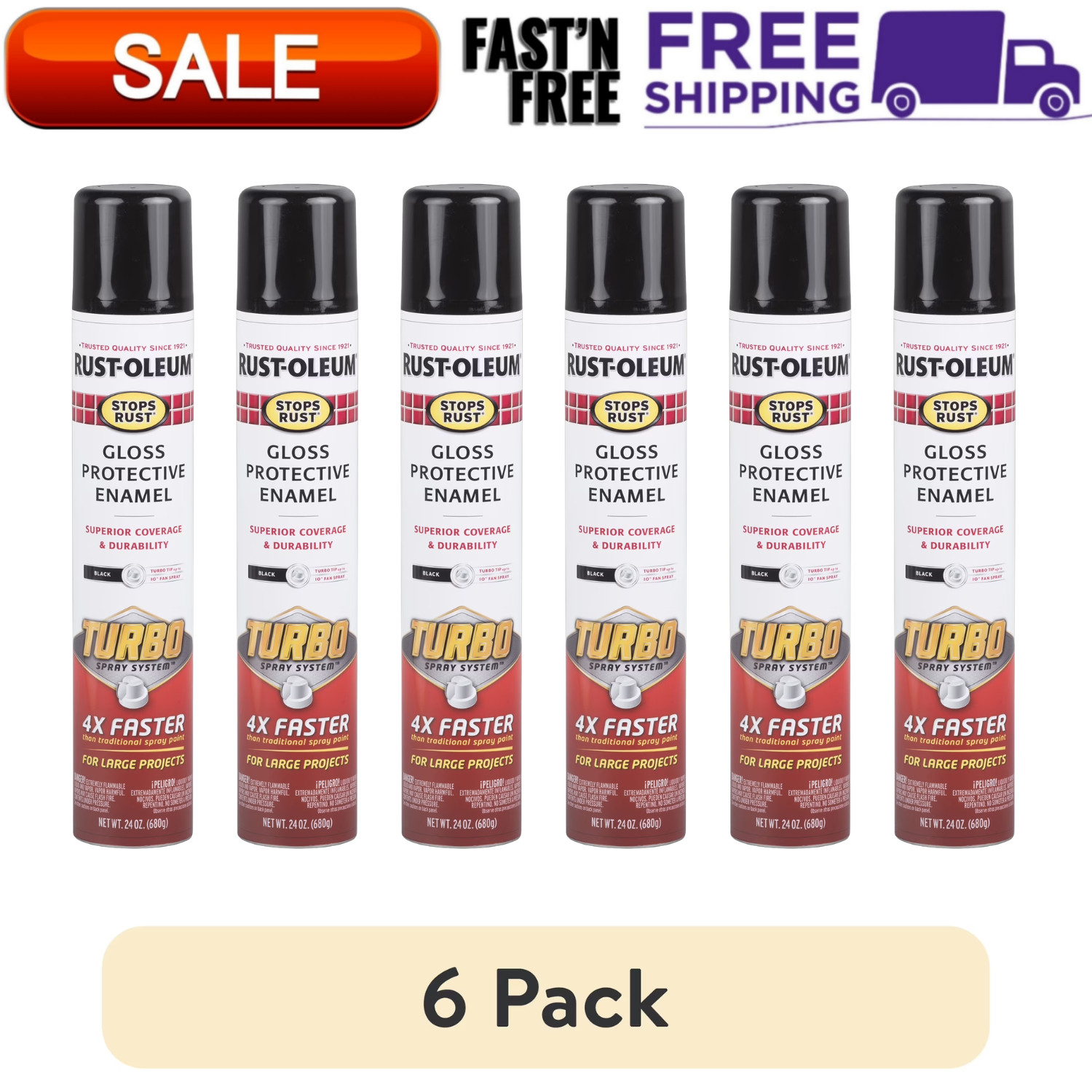 6 PK Rust Oleum Stops Rust Turbo Spray Paint Gloss Black Protective Enamel 24 oz