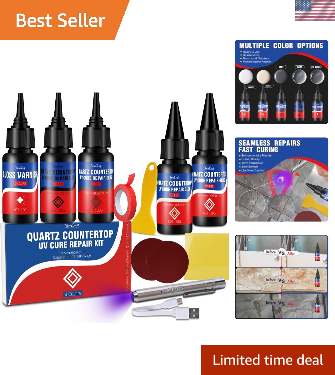Quartz Countertop Repair Kit [30s UV Light Cure], 4 ColorsWhite, Gray, Beige,…