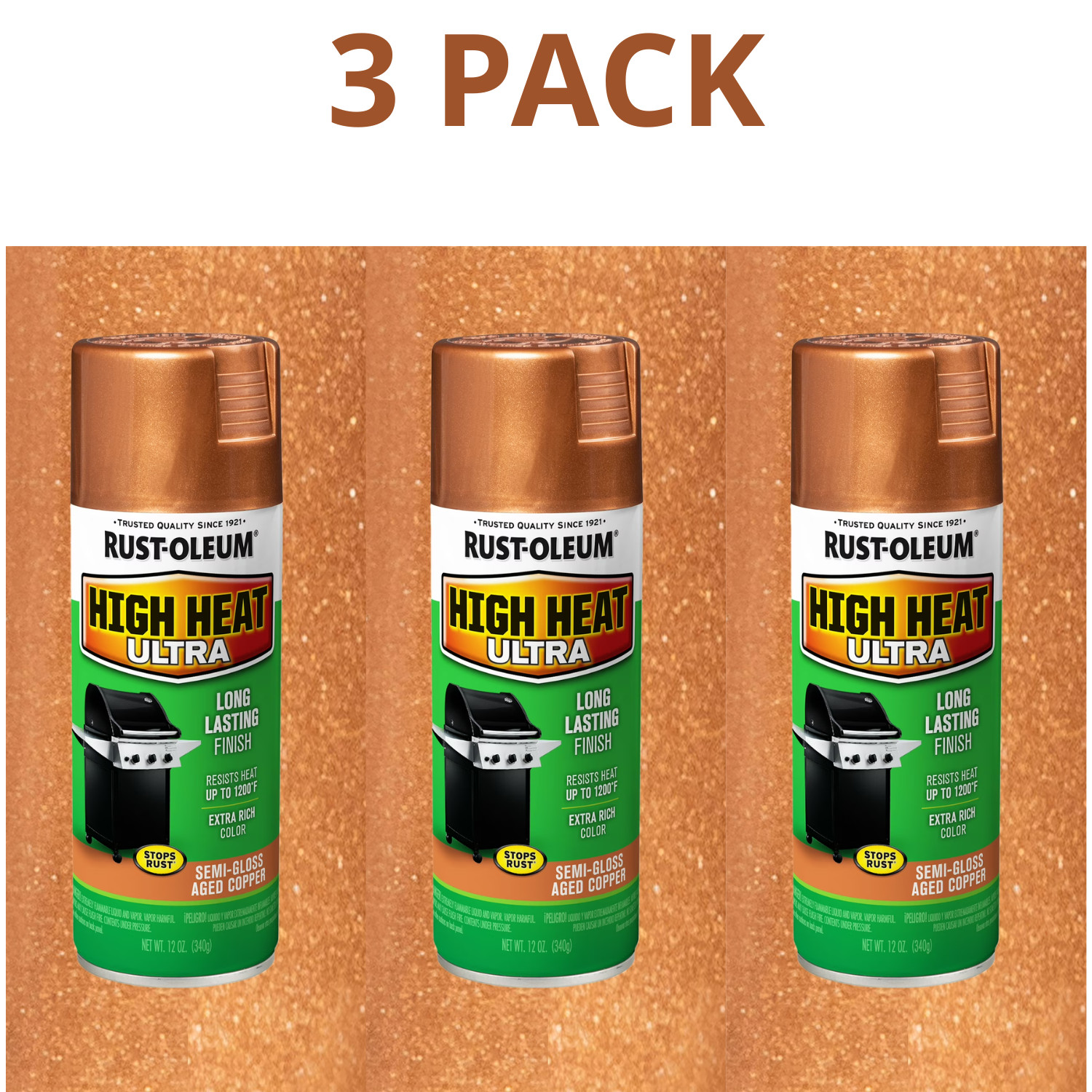 Aged Copper Rust-Oleum High Heat Spray Paint 1200F 12oz Semi Gloss, 3 Pack