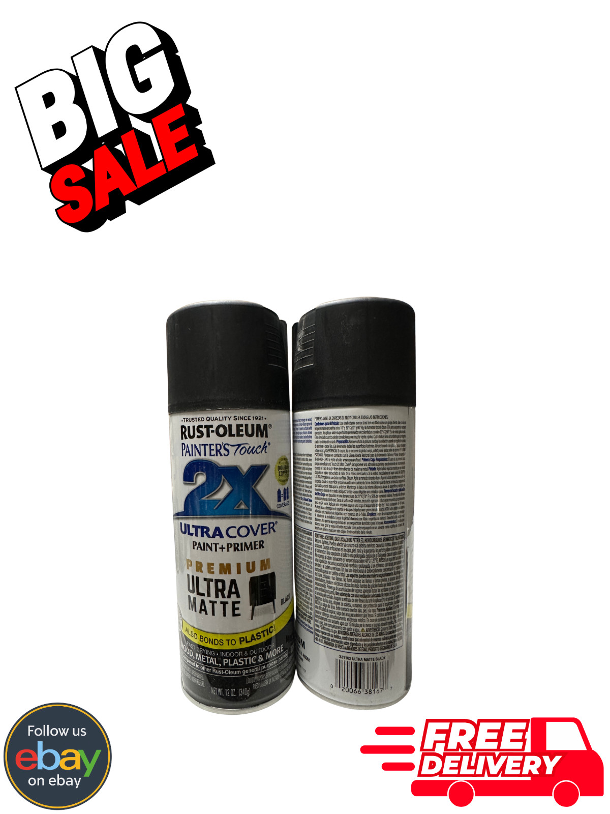 2 Pk Rust-Oleum Painter’s Touch 2X Ultra Cover Ultra Matte Black Aerosal 12oz
