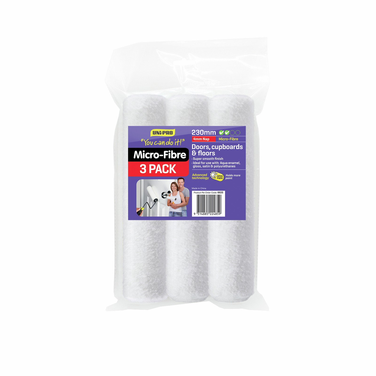 Uni-Pro 230mm 4mm Nap You Can Do It Microfibre Roller Cover – 3 Pack
