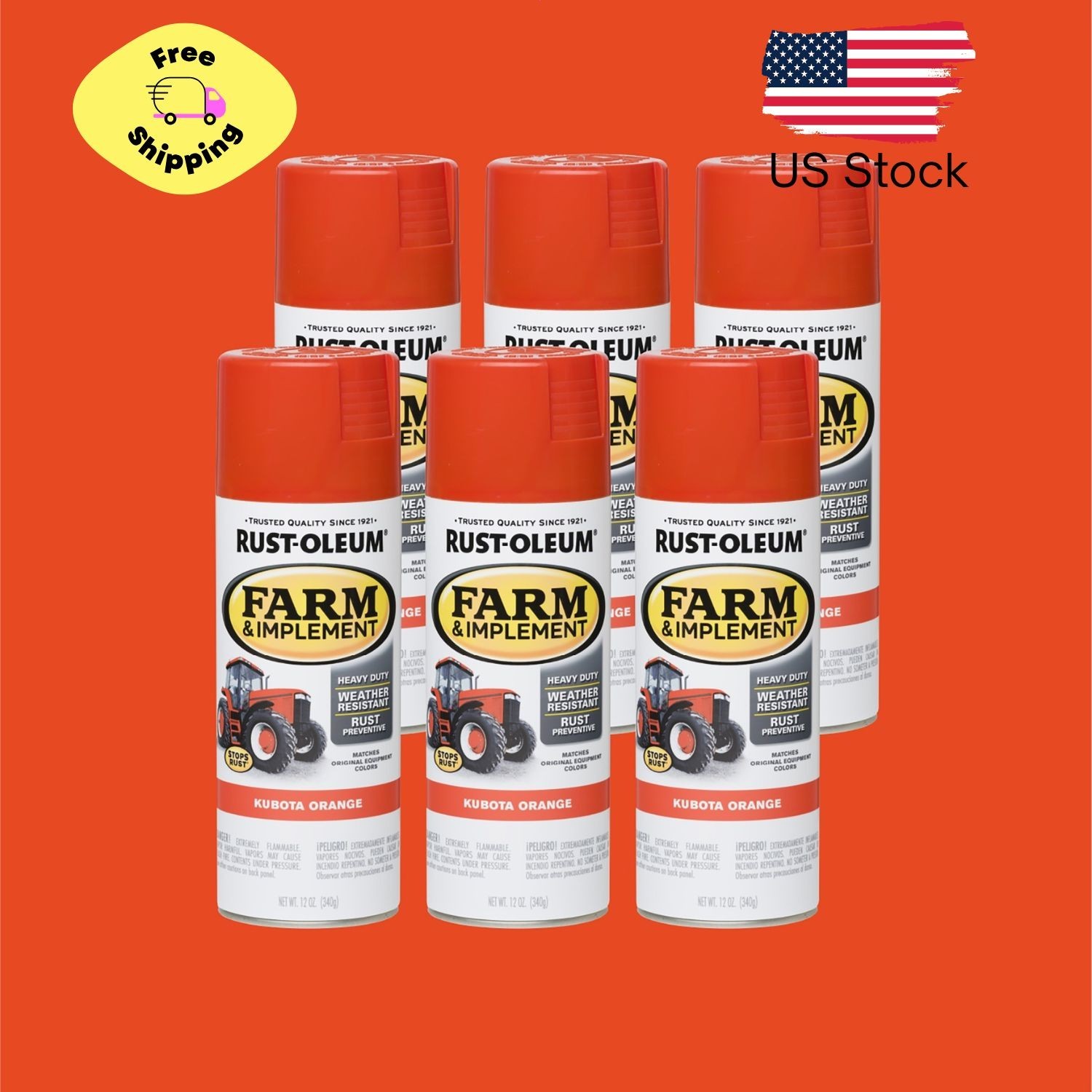 6 Pack, Kubota Orange, Specialty Farm & Implement Gloss Spray Paint, 12 oz