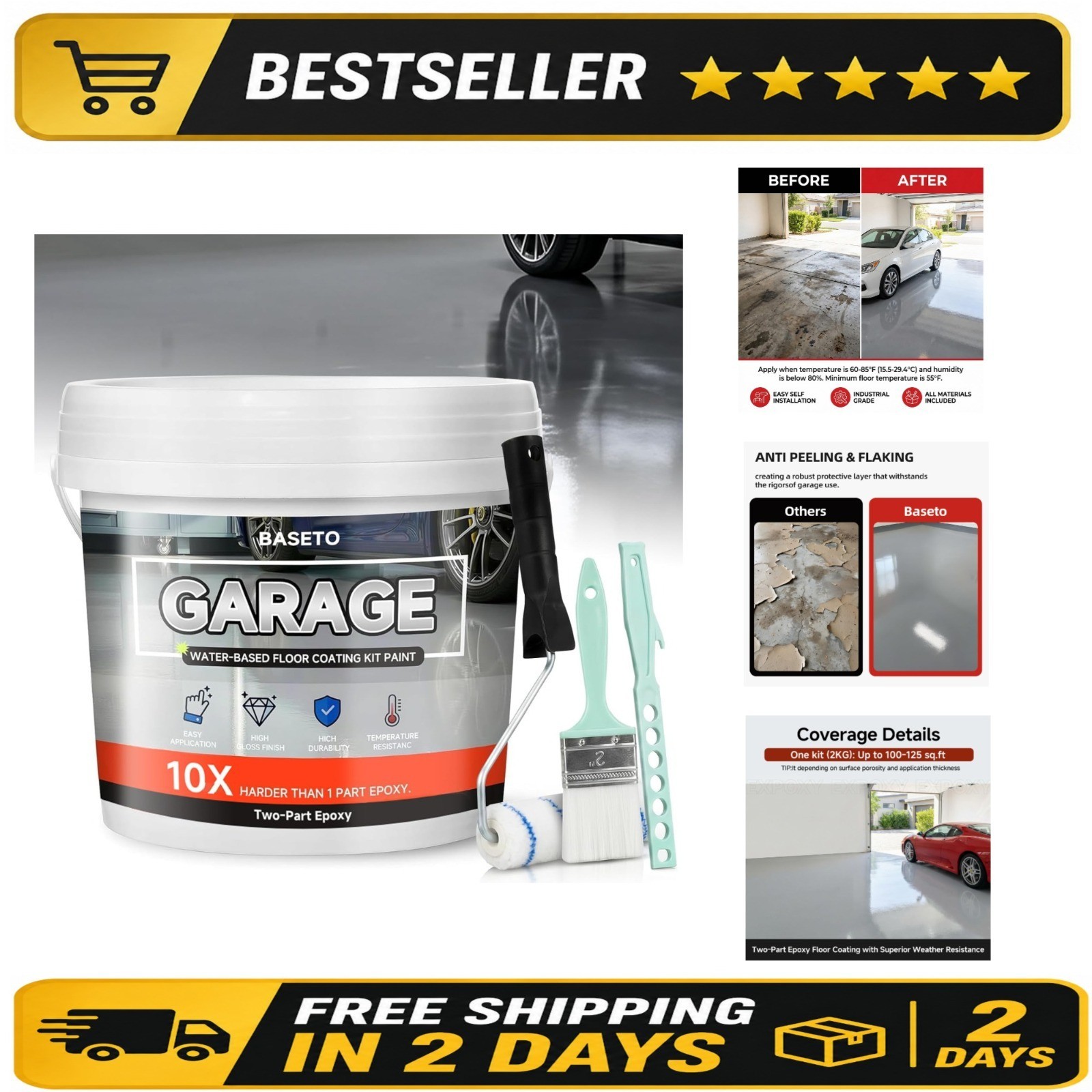 Garage Floor Epoxy Kit, Epoxy Floor Paint with Tools, Epoxy Coating for Concrete
