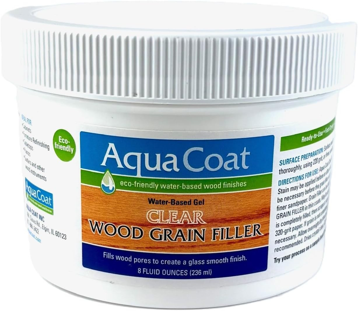 Aqua Coat Water-Based Clear Wood Grain Filler Gel, Low Odor, Glossy Finish, 8 oz