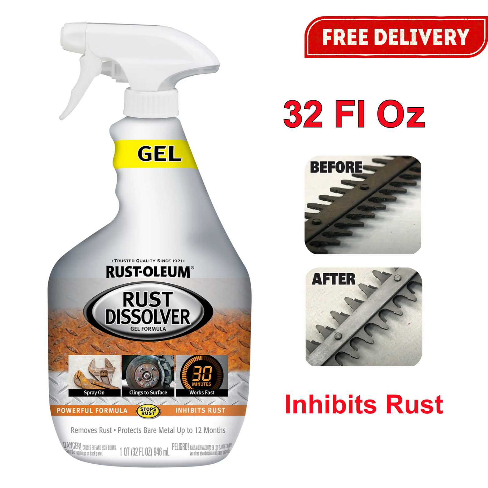 Rust-Oleum Rust Dissolver Gel Spray-300112, Powerful Formula, Inhibit Rust, 32Oz
