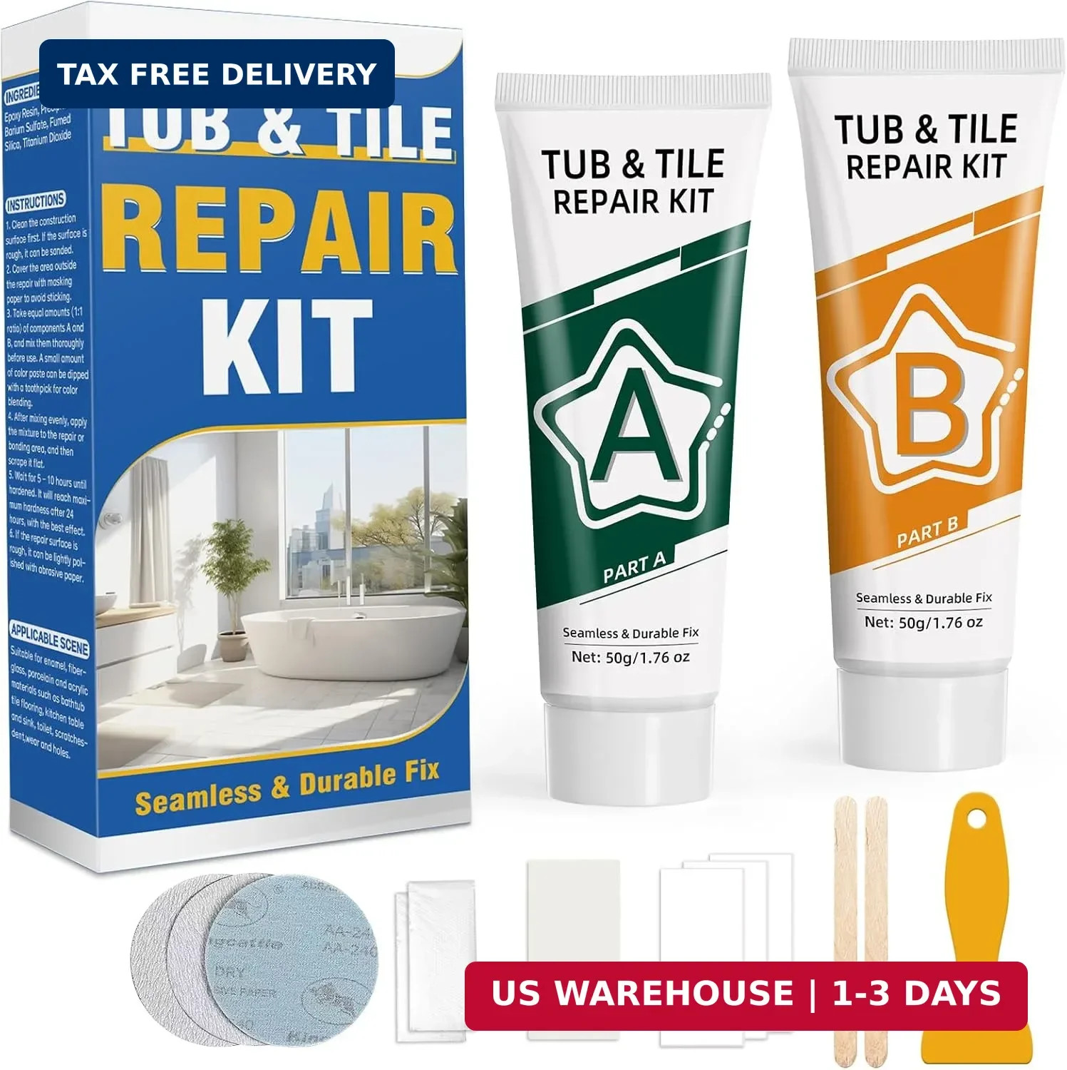 Porcelain Repair Kit White, Waterproof Bathtub & Tile Repair Kit for Tub, Enamel
