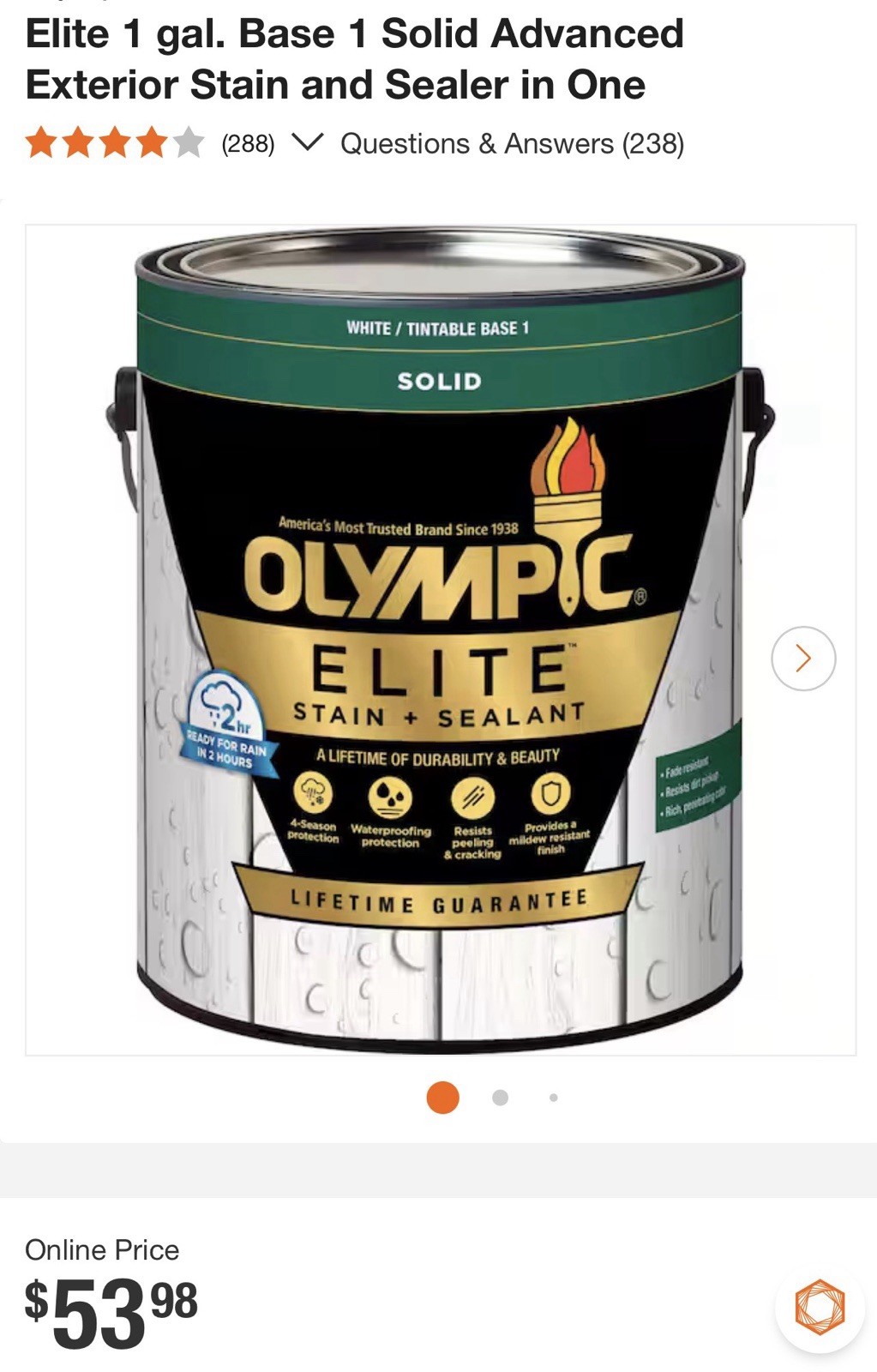 Olympic Elite Stain + Sealant Solid White Tintable Base 1 gal Exterior
