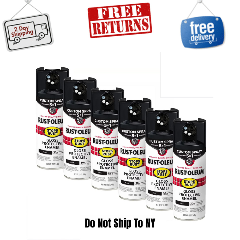 Rust-Oleum Stops Rust Custom Spray 5-in-1 Gloss Black Spray Paint, 12 oz, 6 Pack