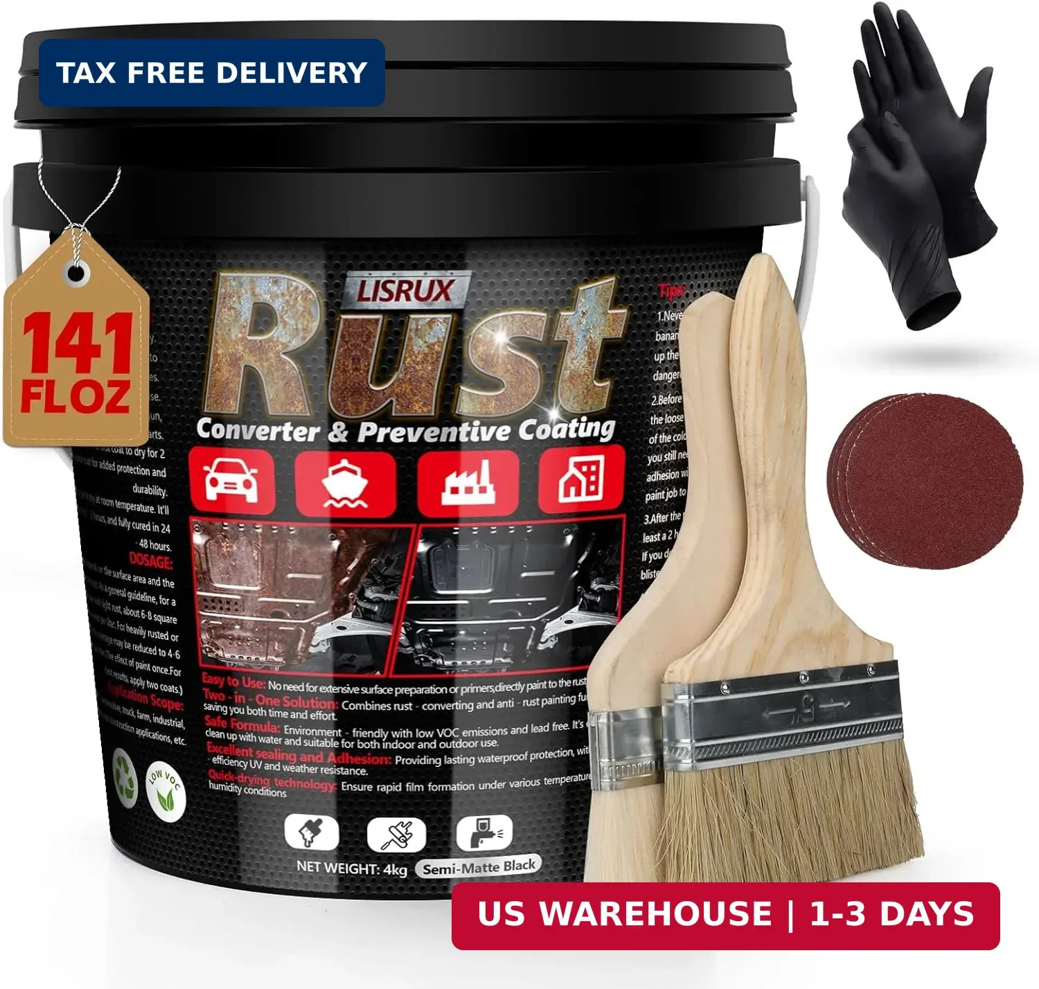 Rust Converter & Metal Primer, 141 Fl Oz Black Rust Inhibitor Paint for Metal, A
