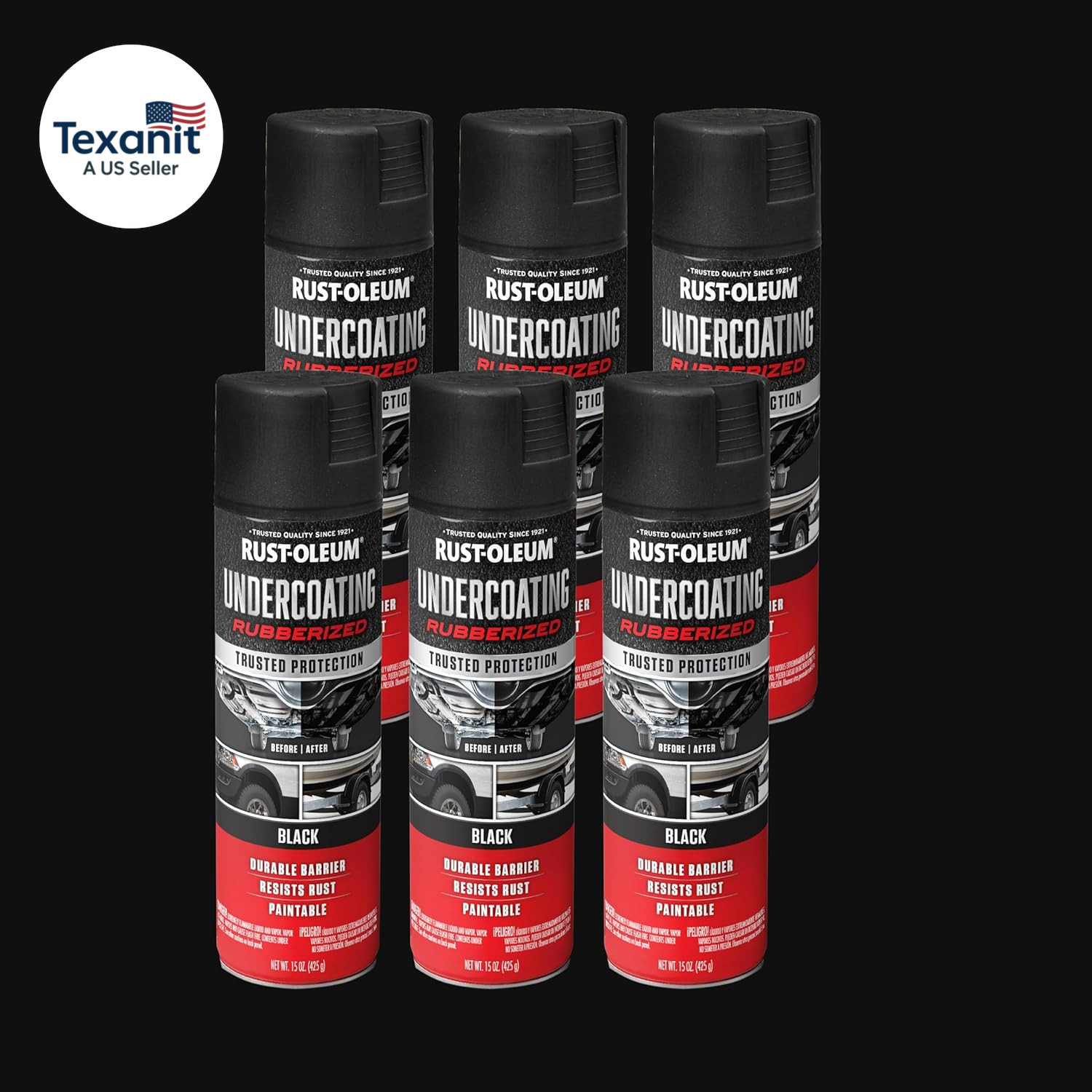 248657-6PK Stops Rust Undercoating Spray, 15 Oz, Rubberized Black, 6 Pack