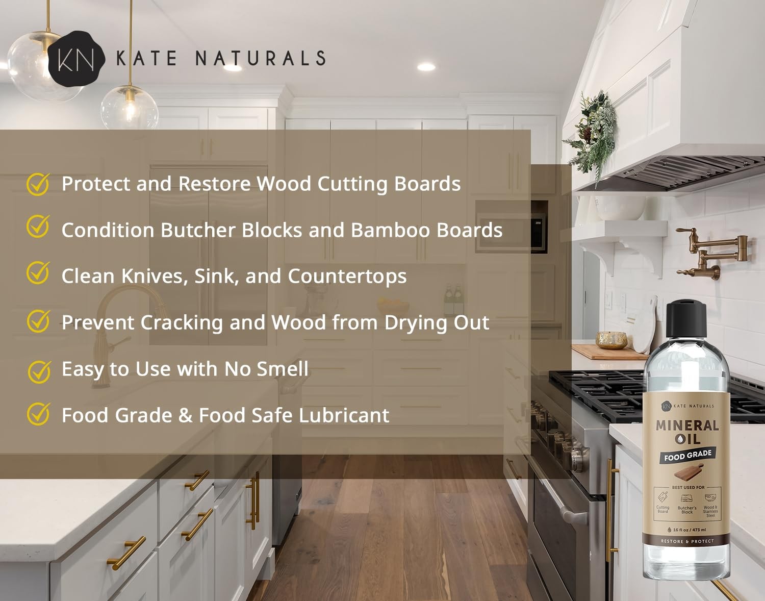 Kate Naturals Mineral Oil for Wood Cutting Board, Butcher 16 fl oz, Clear