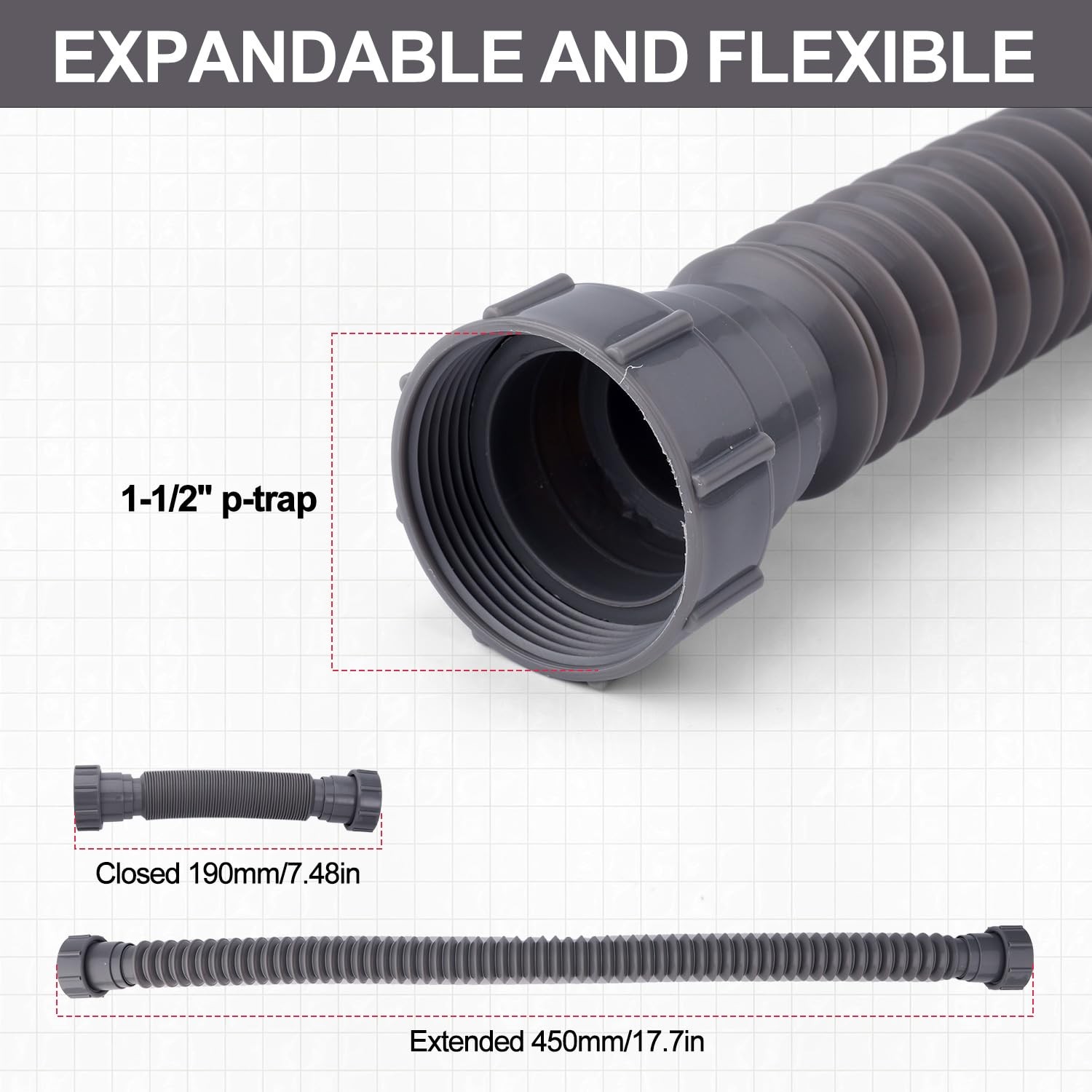 Sink Drain Kit, 1-1/2 Inch Expandable Flexible P-Trap 7.5 M, black,gray