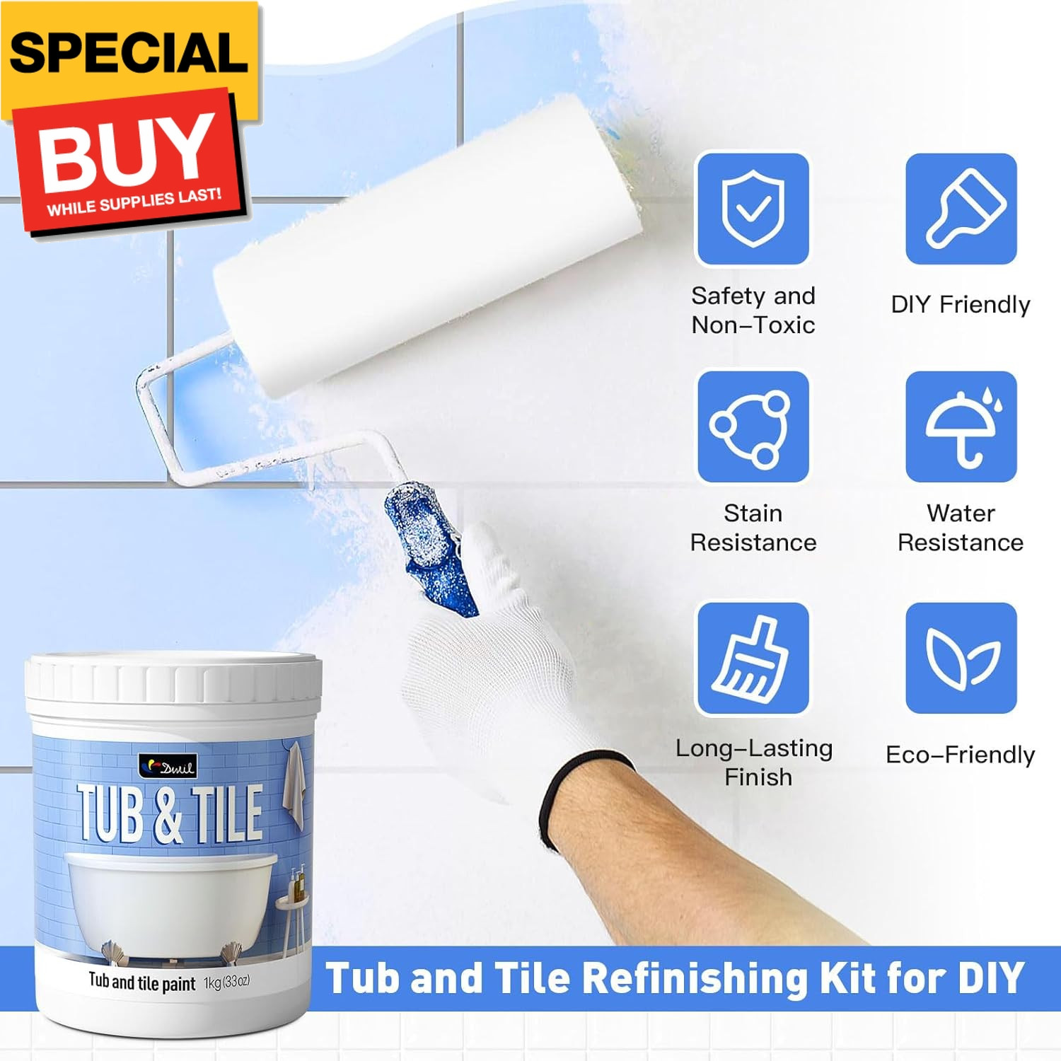 Tub and Tile Paint, Tub and Tile Refinishing Kit with Hardener, Tile Paint and T