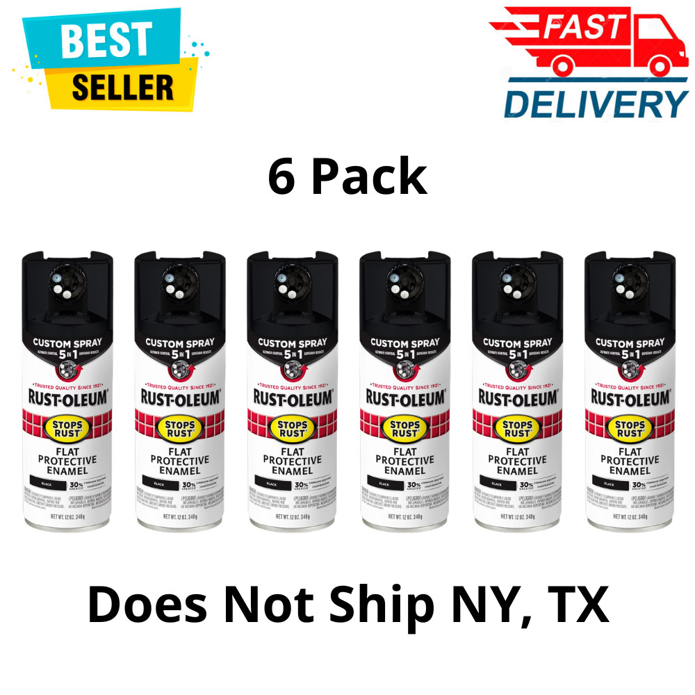 6 Pack Rust-Oleum Stops Rust Custom Sprays, 5-in-1 Flat Black Spray Paint, 12oz