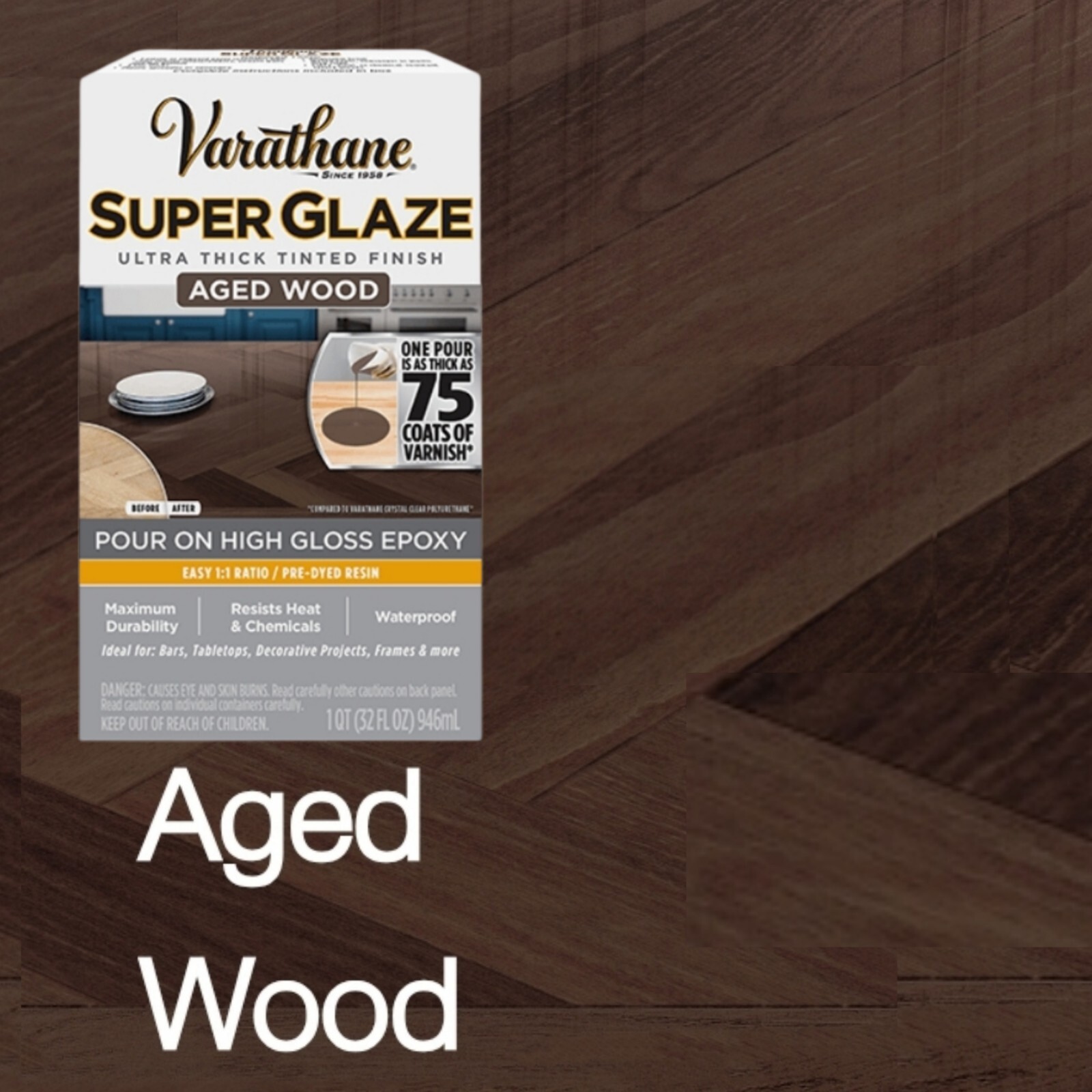 Varathane Epoxy Resin Super Glaze Pour-On High Gloss Quart Kit 32 oz Aged Wood