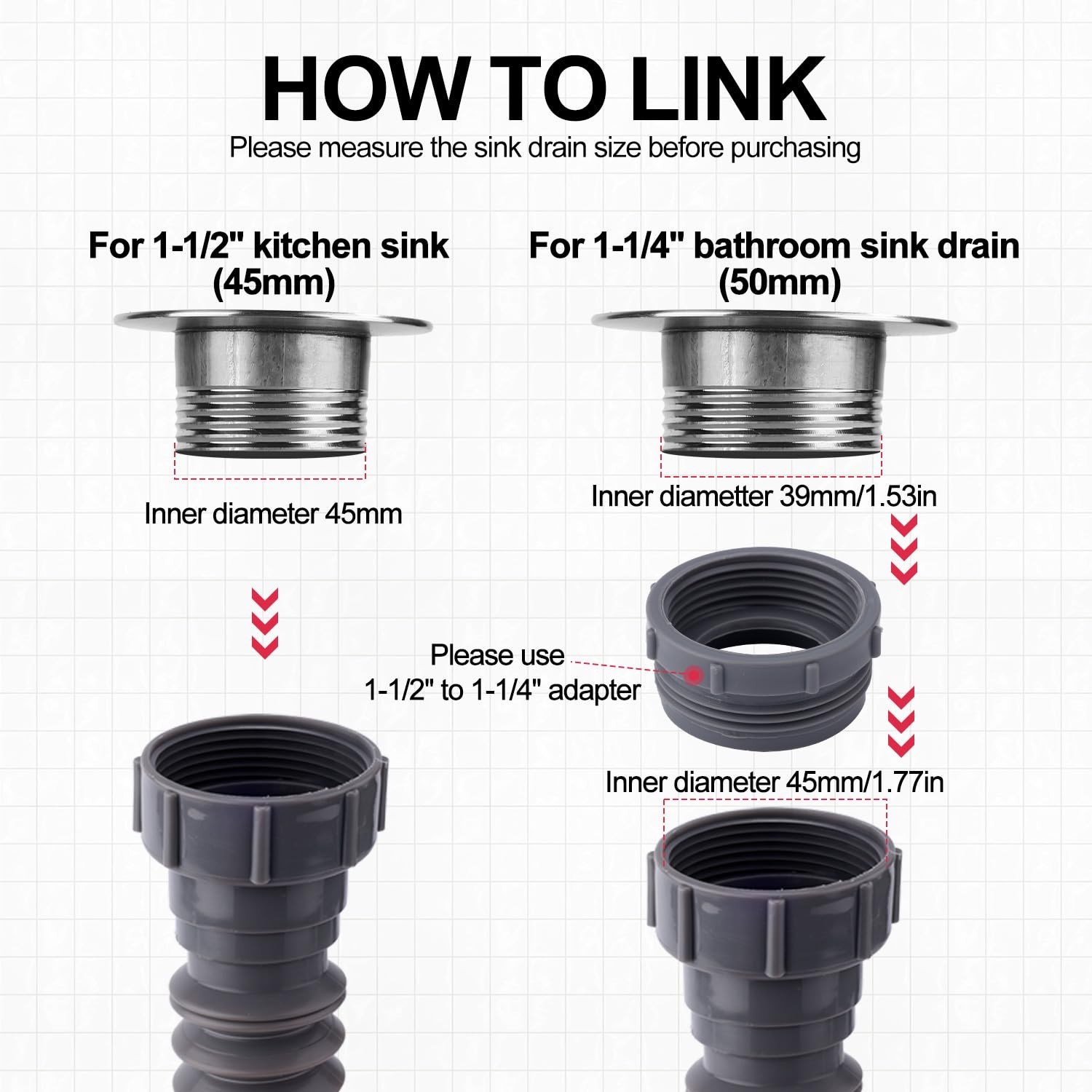 Sink Drain Kit, 1-1/2 Inch Expandable Flexible P-Trap 7.5 M, black,gray