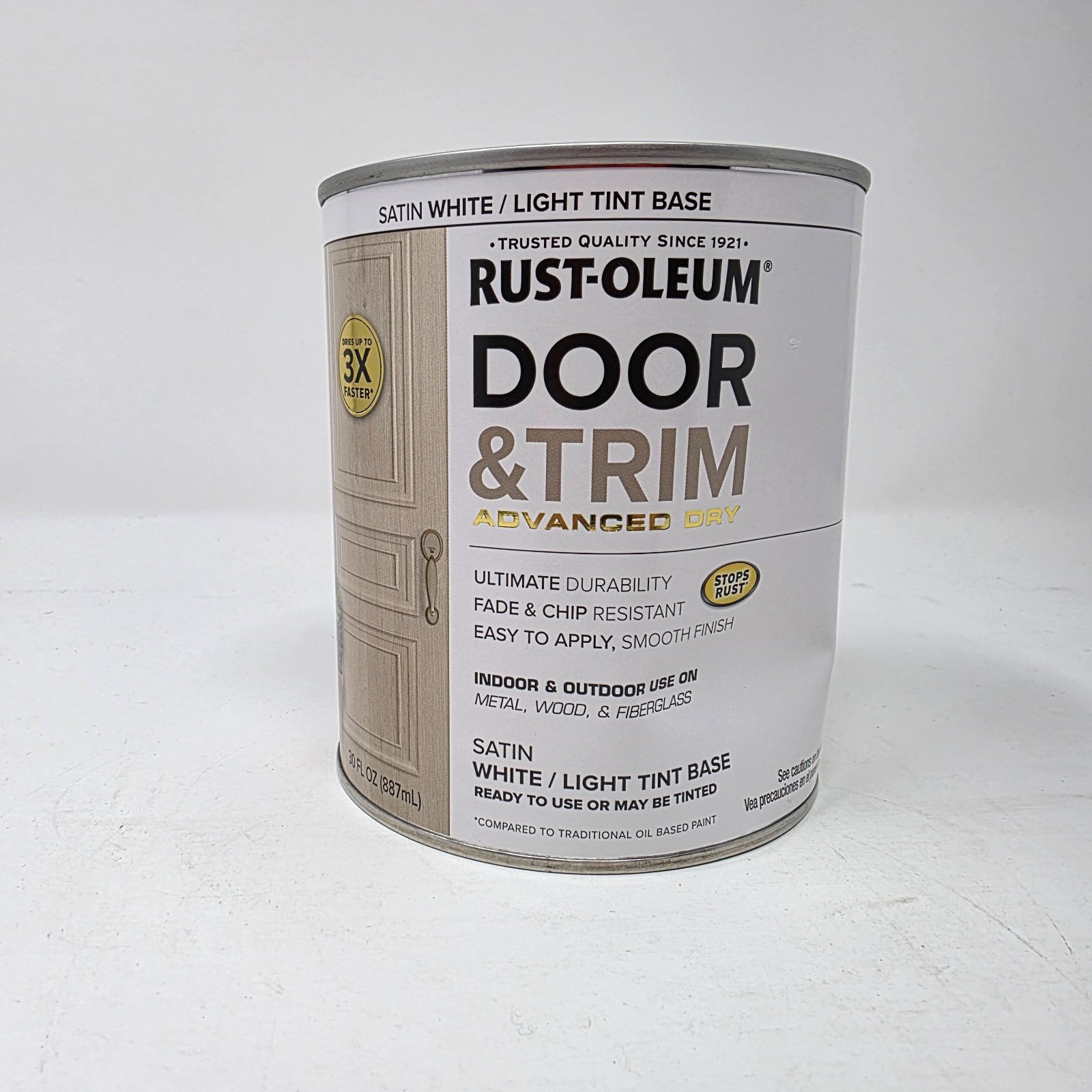 Rust-Oleum 369389 Door & Trim Satin White 30 oz with Stops Rust Dented Can