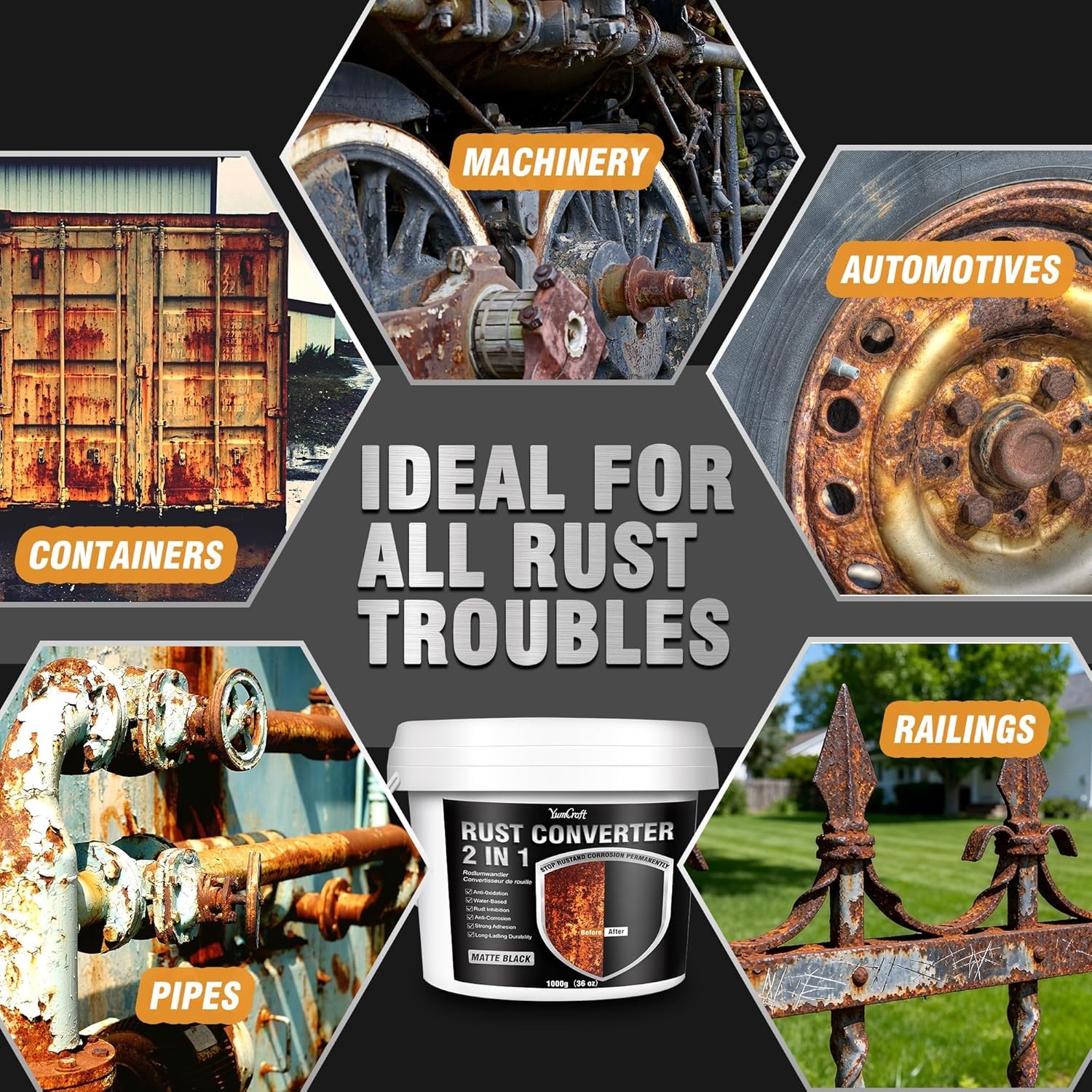 36oz 2 in 1 Black Water Based Metal Rust Converter Paint Primer Reformer