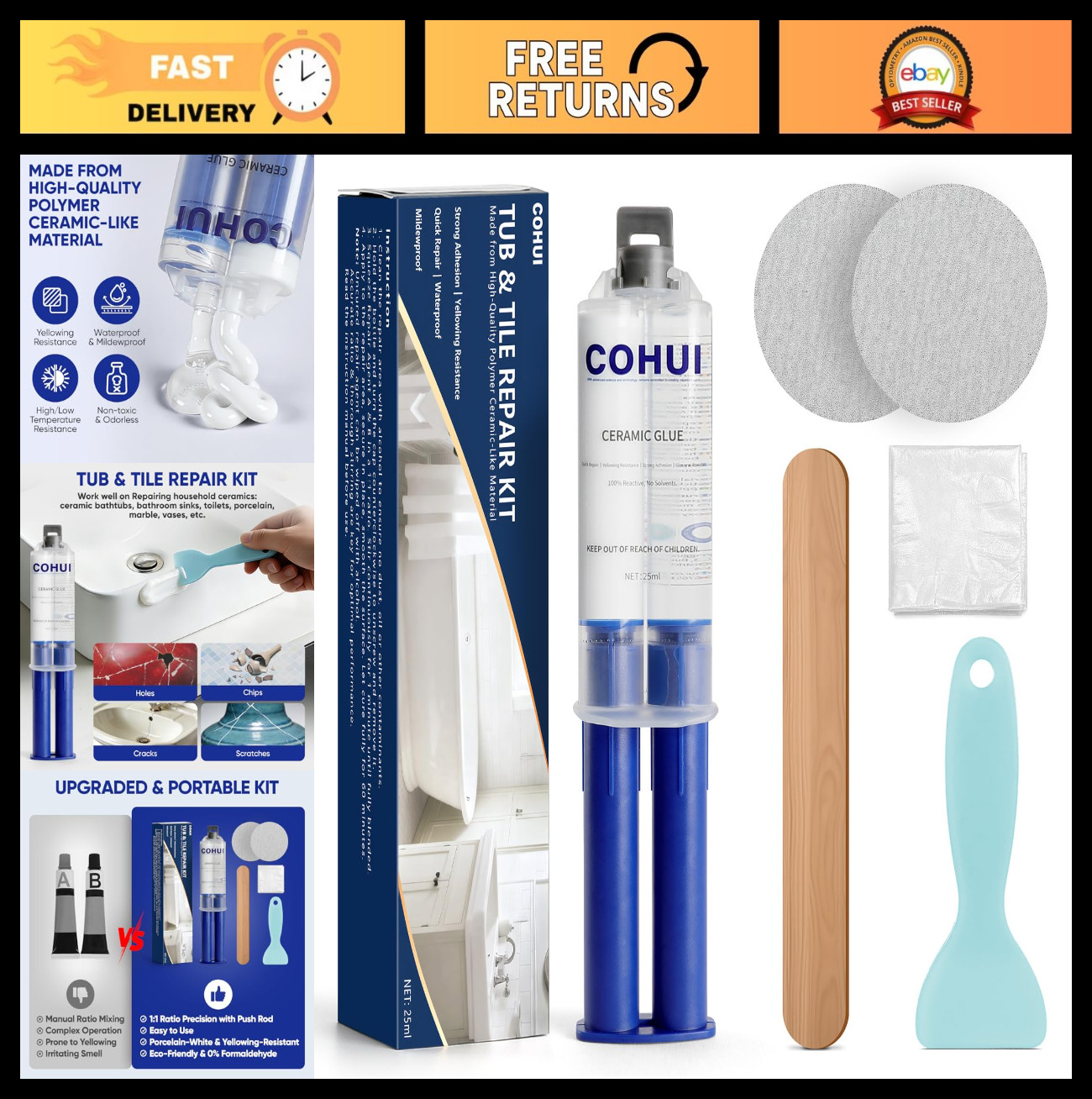 High-Gloss Porcelain Repair Kit for Bathtubs, Sinks & Tiles – Fix Chips, Cracks,