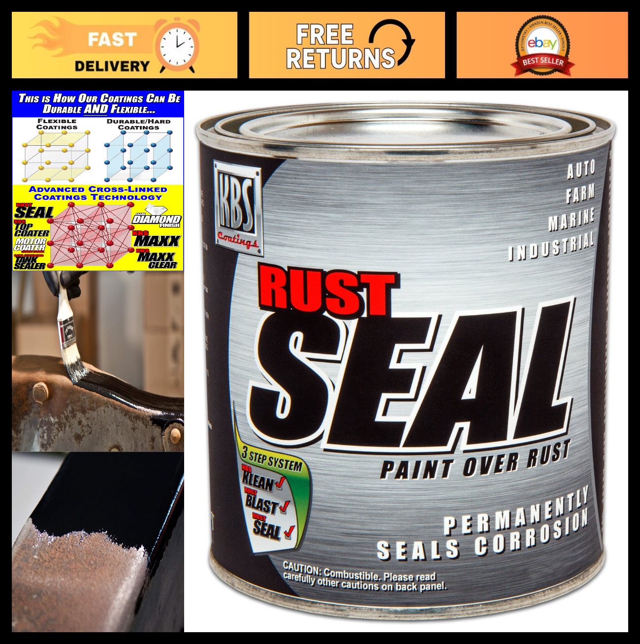 Gloss Black RustSeal Paint – 1 Quart, 50 sq ft Coverage, Superior Rust Preventio
