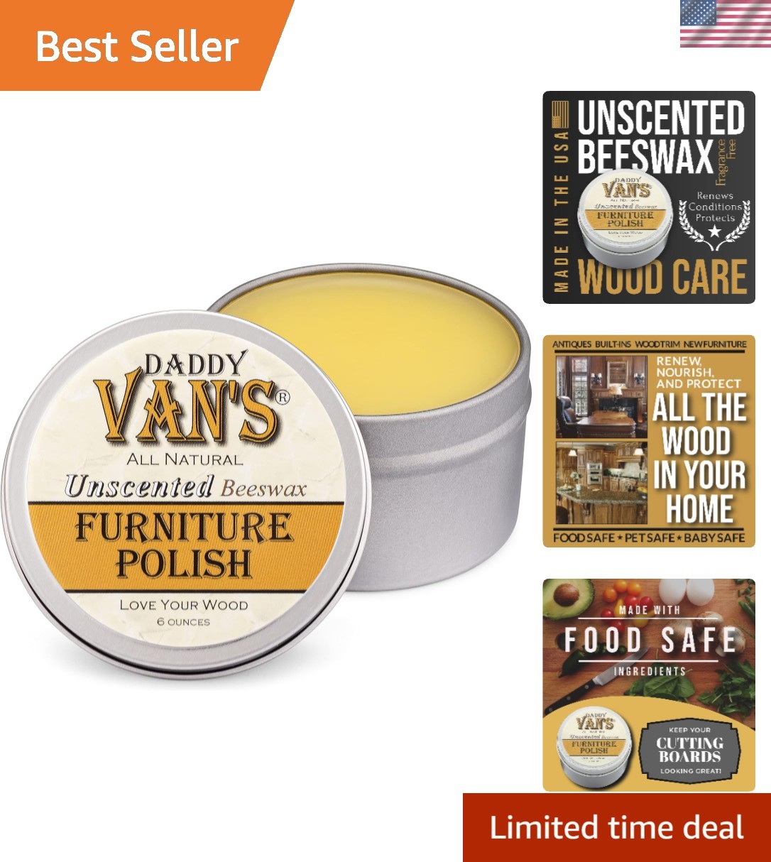 Food-Safe All-Natural Beeswax Finish – 6oz Wood Polish for Furniture & Antiques