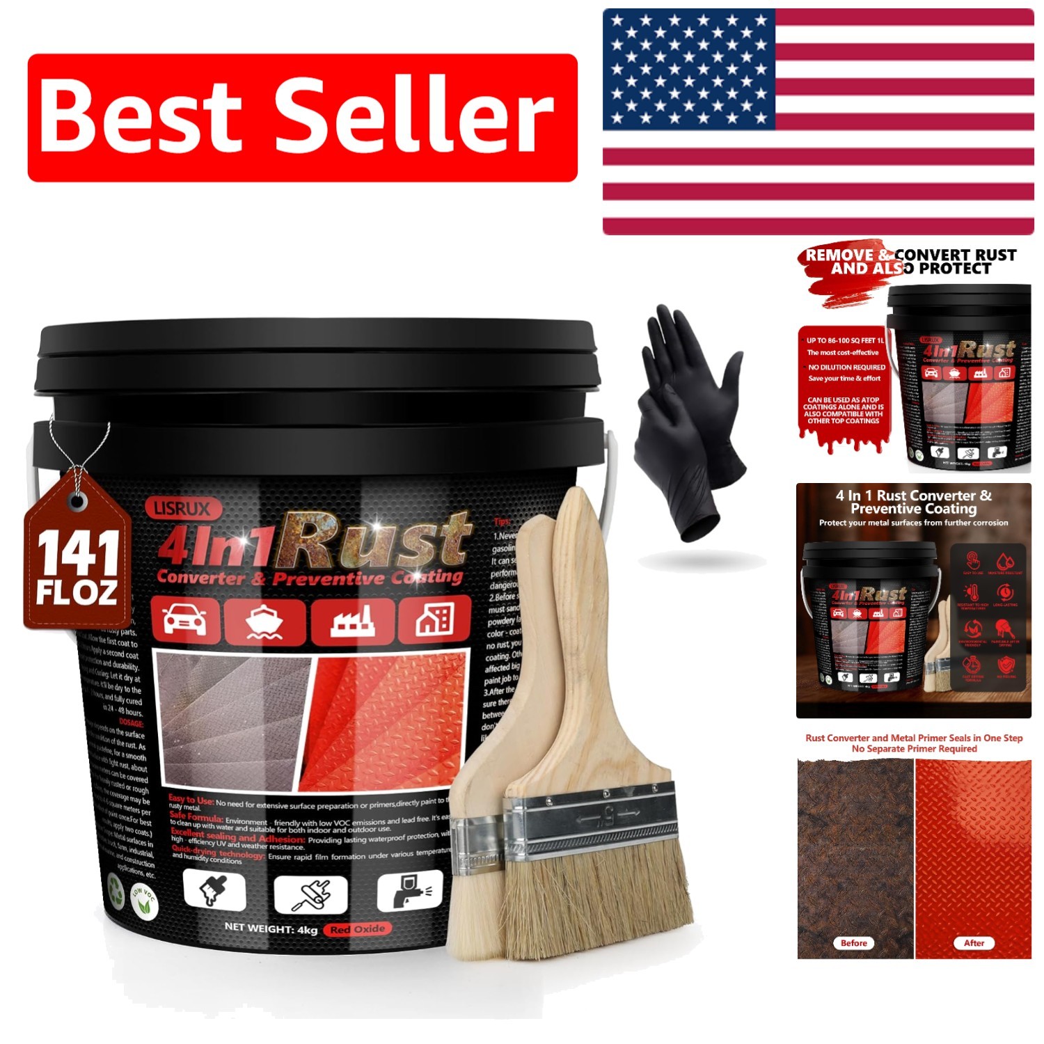 High-Performance 4-in-1 Rust Protection Paint, 141 Fl Oz for Metal Surfaces