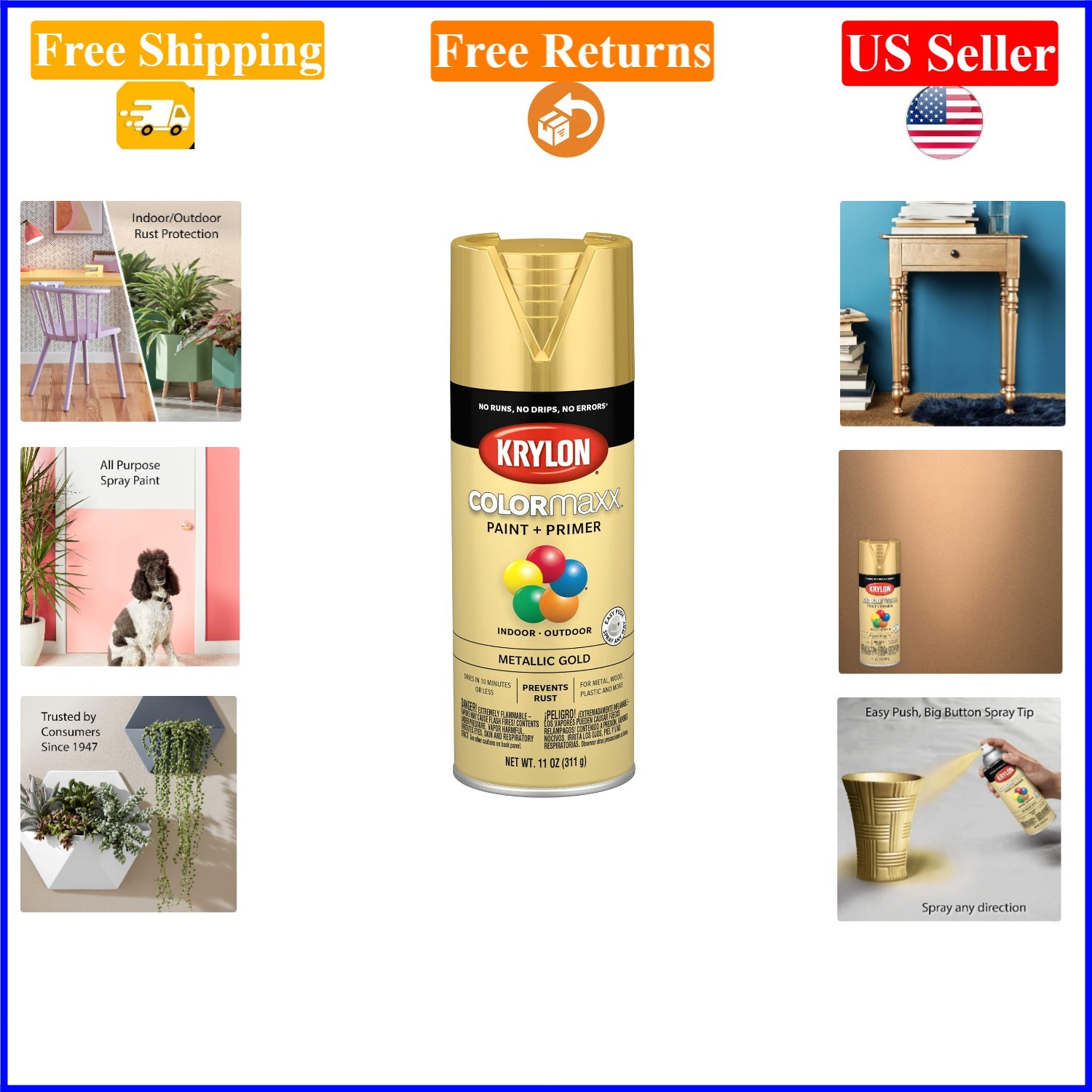 COLORmaxx Metallic Gold Spray Paint, 11 oz, Indoor/Outdoor Rust-Resistant