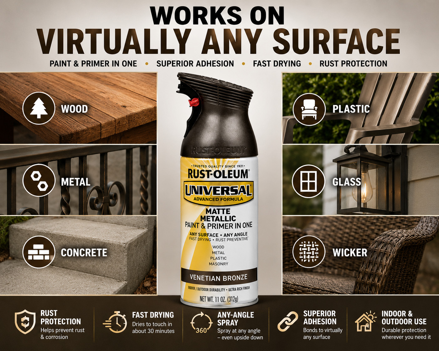 Rust-Oleum Universal Spray Paint Venetian Bronze Matte Metallic Paint Primer