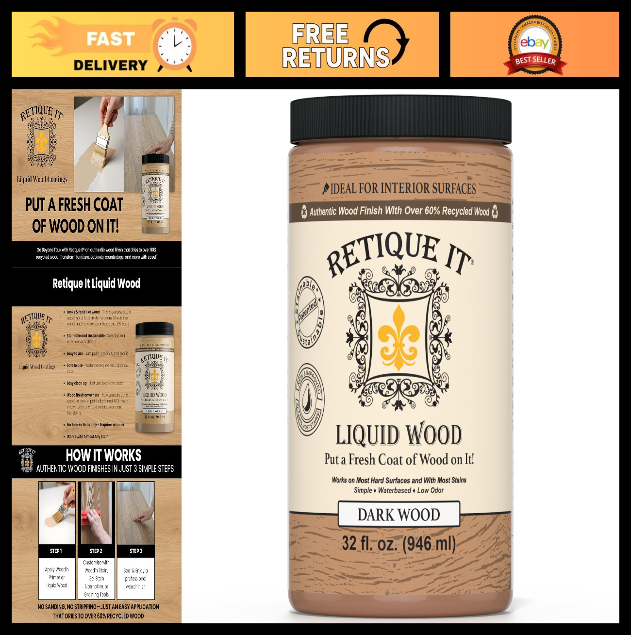 Liquid Wood Coatings – Stainable Primer for Furniture – Paint & Stain (Dark, Lar