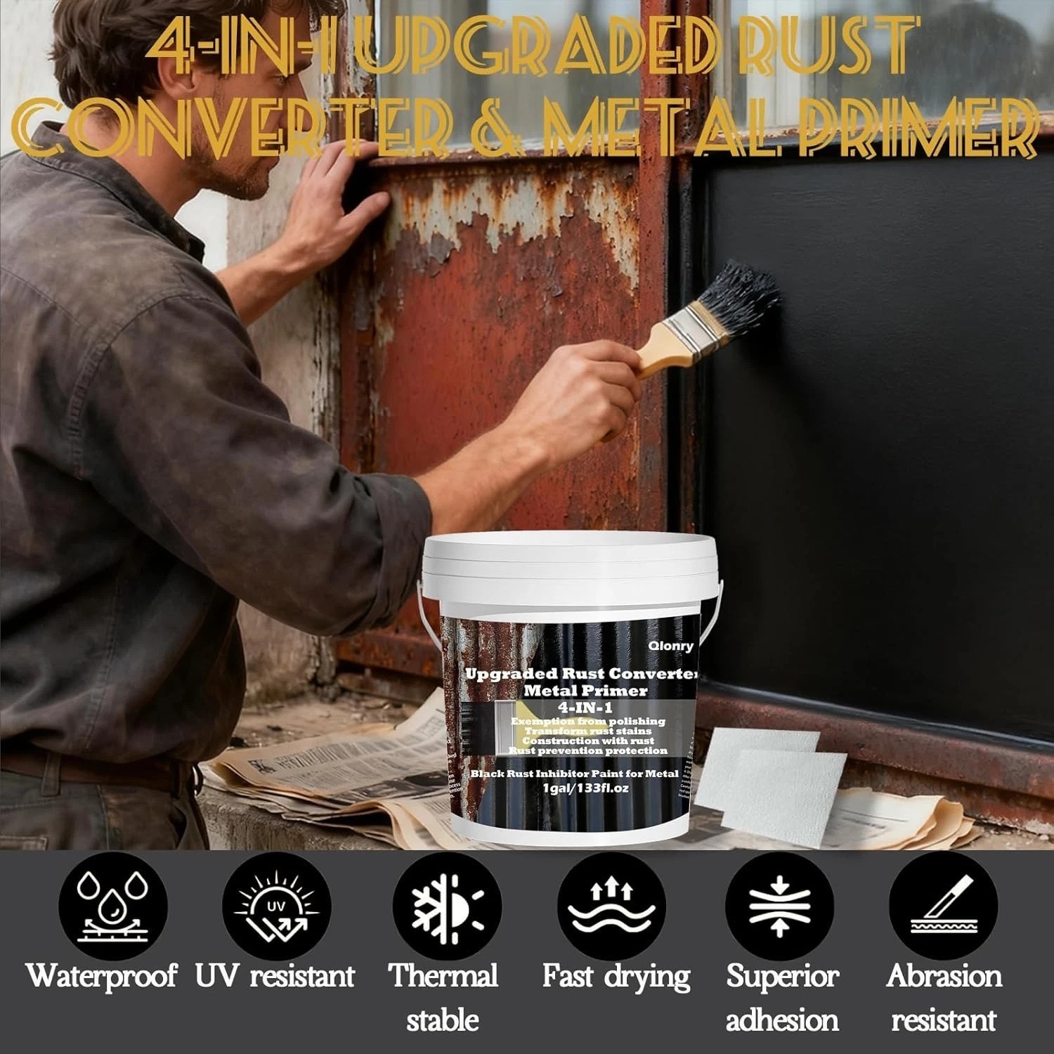 4-in-1 Upgraded Rust Converter & Metal Primer,1Gal/133Fl.oz Black Rust Inhibi…