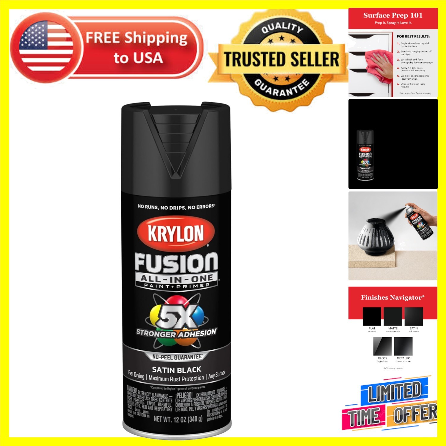 Fast-Drying All-in-One Adhesive Spray Paint, 12oz for Every Surface – Black
