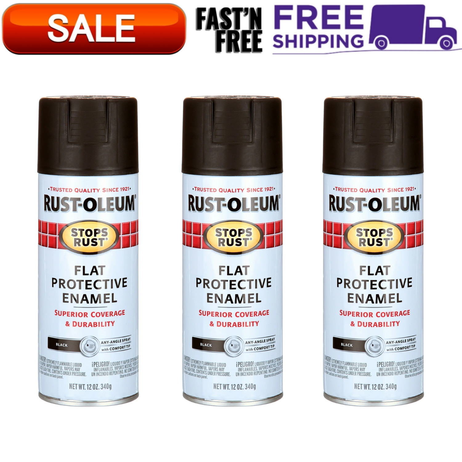 (3 Pack) Rust Oleum Black Spray Paint Stops Rust Flat Protective Enamel, 12 oz