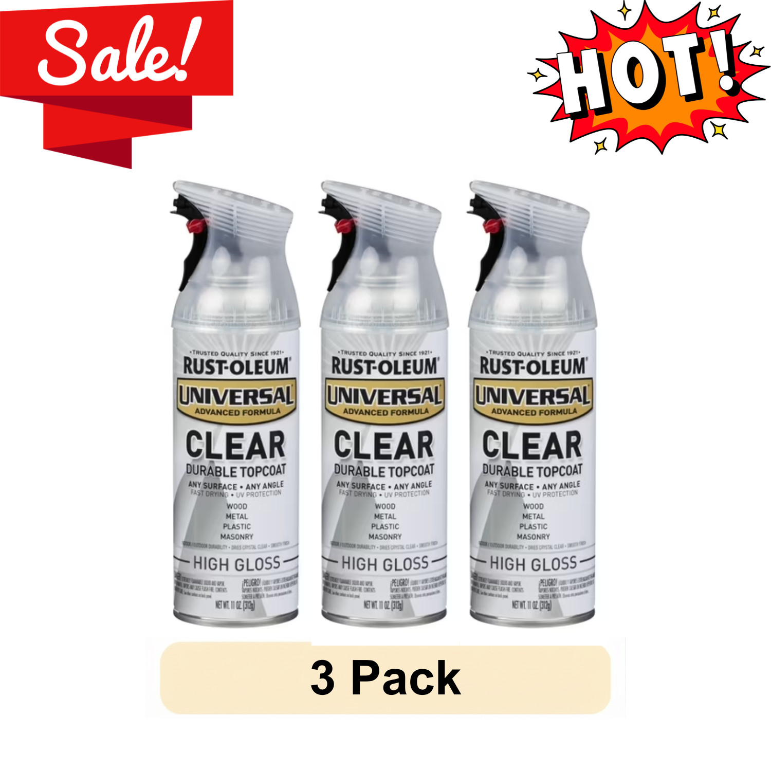 3 Pack Rust-Oleum Universal Topcoat High Gloss Clear Spray Paint 302110